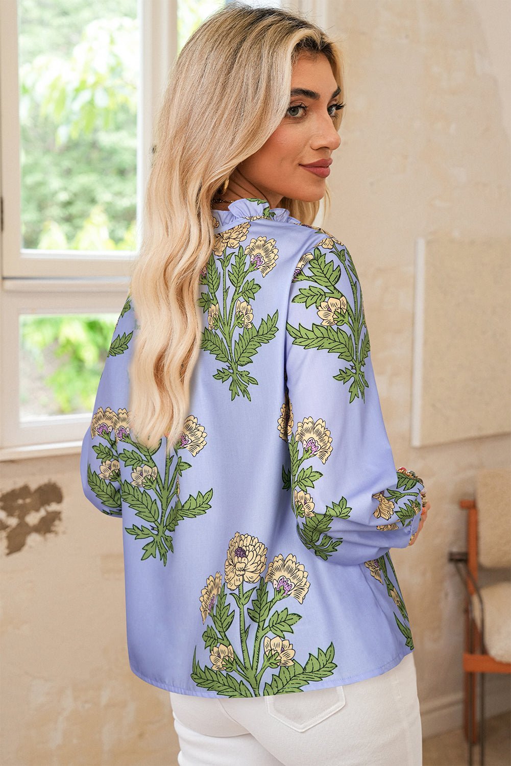 Sky Blue Floral Print V Neck Bubble Sleeve Blouse - MAD RUFFI