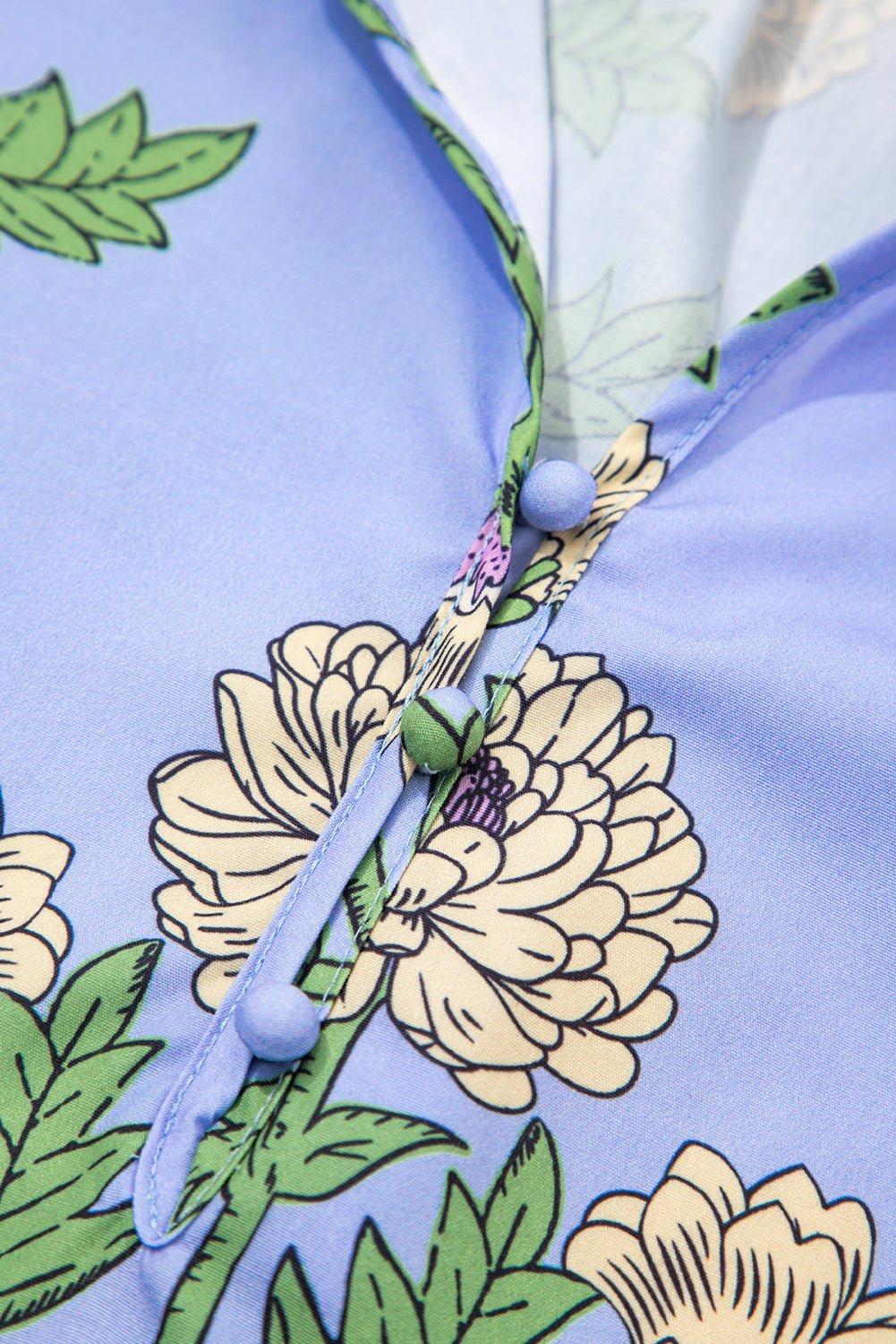 Sky Blue Floral Print V Neck Bubble Sleeve Blouse - MAD RUFFI