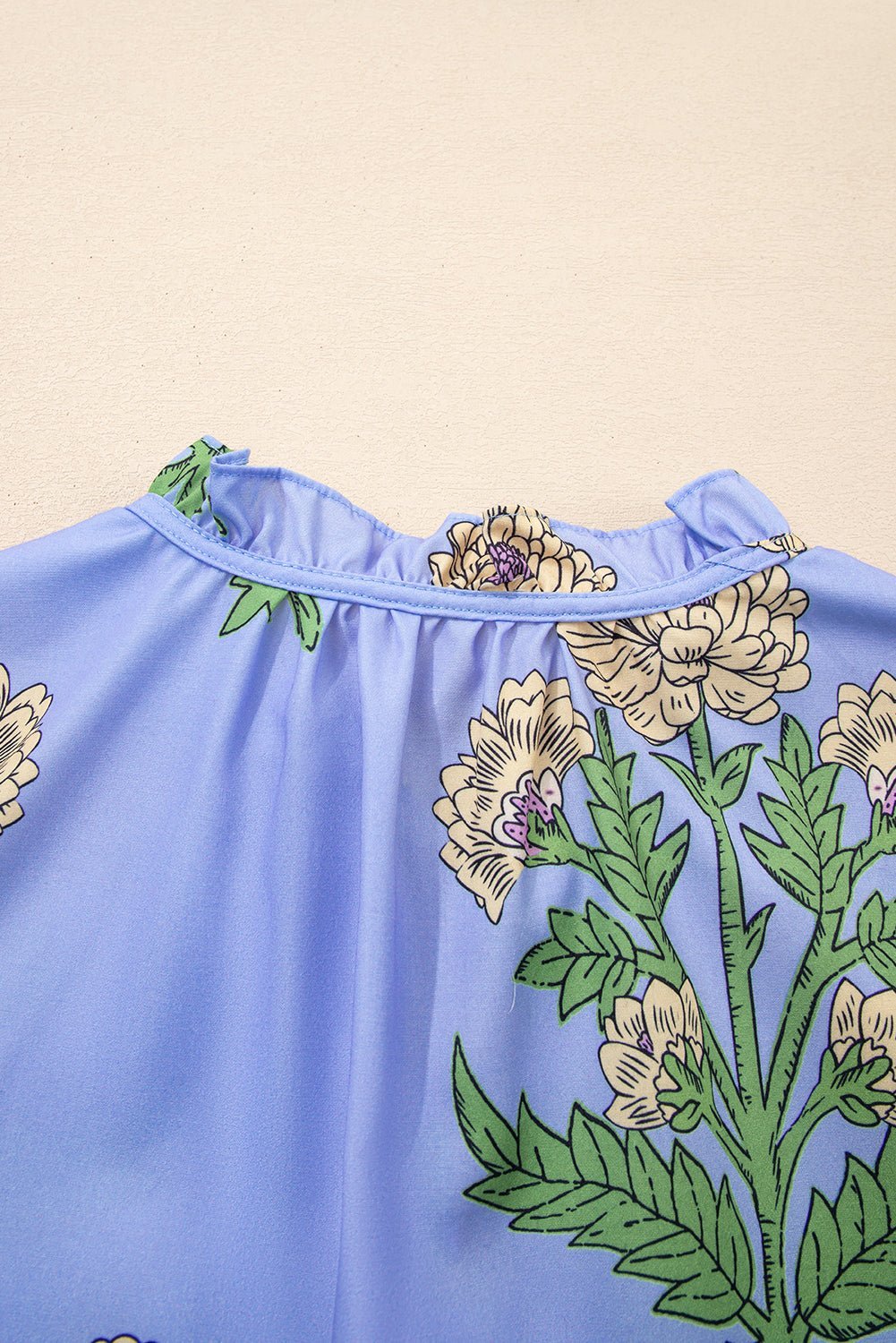 Sky Blue Floral Print V Neck Bubble Sleeve Blouse - MAD RUFFI