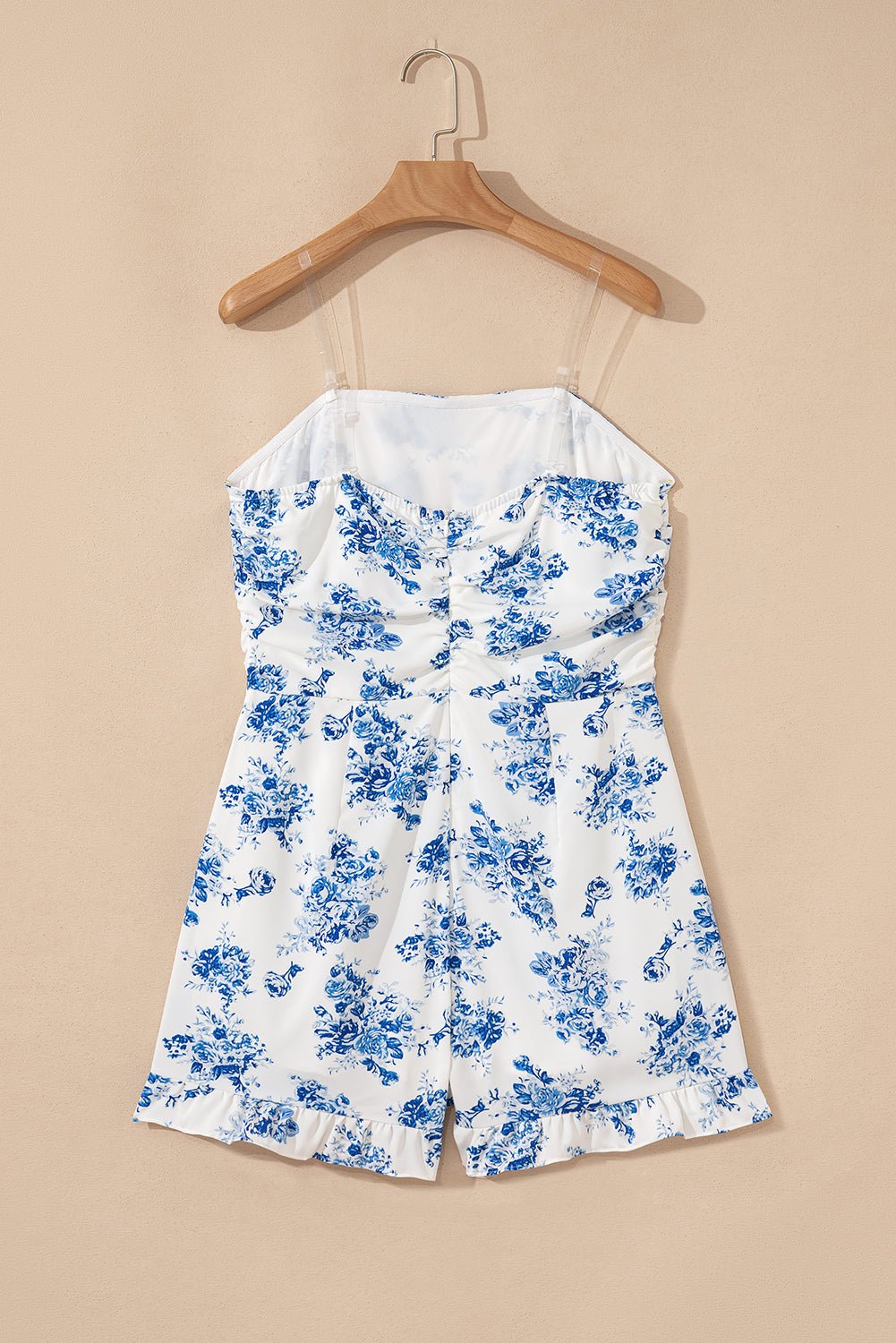 Sky Blue Floral Print Zipped Back Knot Waist Ruffle Hem Romper - MAD RUFFI