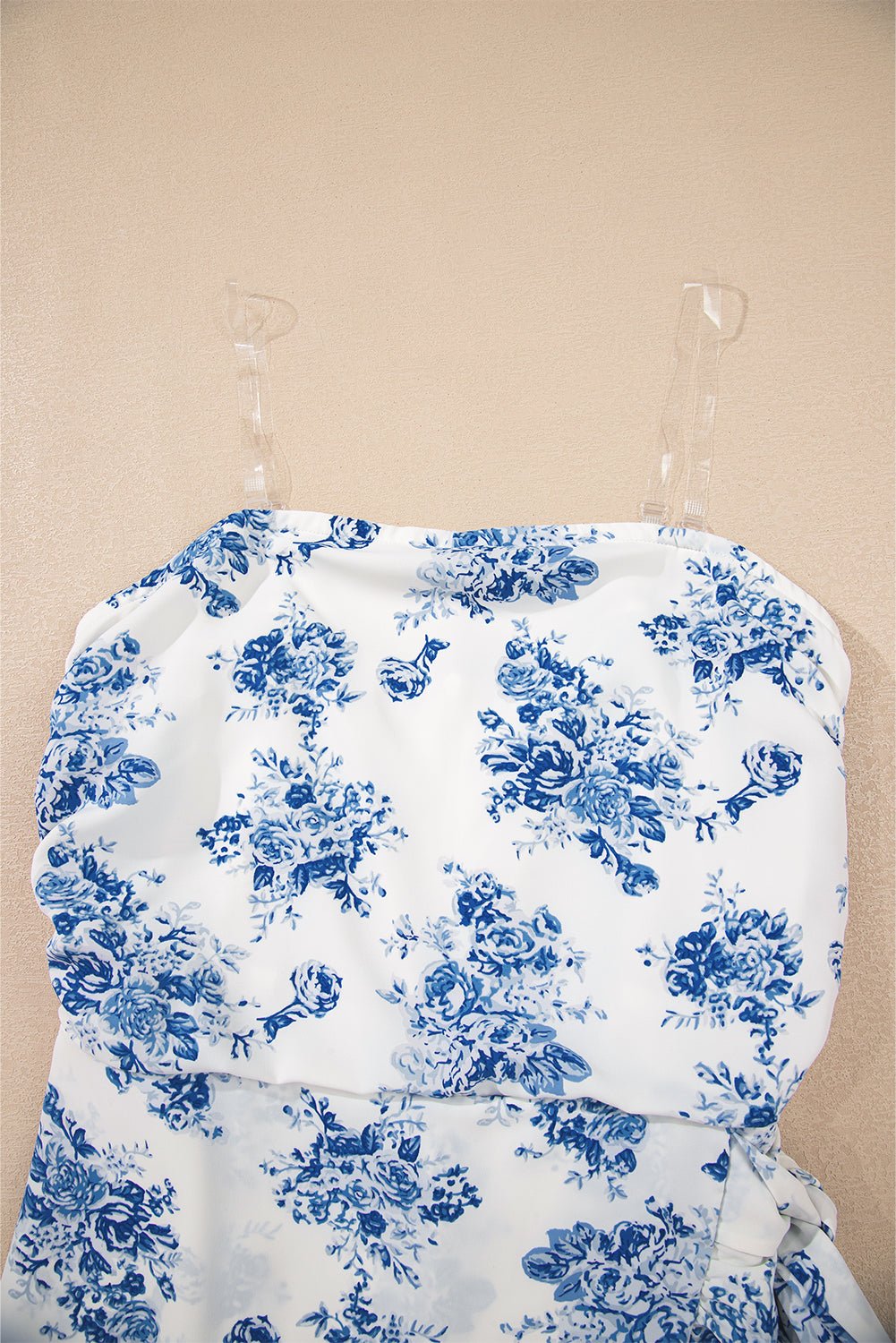 Sky Blue Floral Print Zipped Back Knot Waist Ruffle Hem Romper - MAD RUFFI