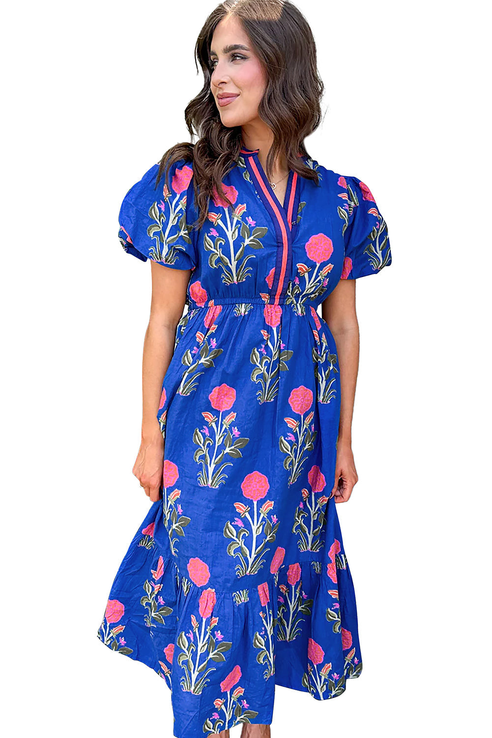 Sky Blue Floral Ruffle Hem Midi Dress - MAD RUFFI