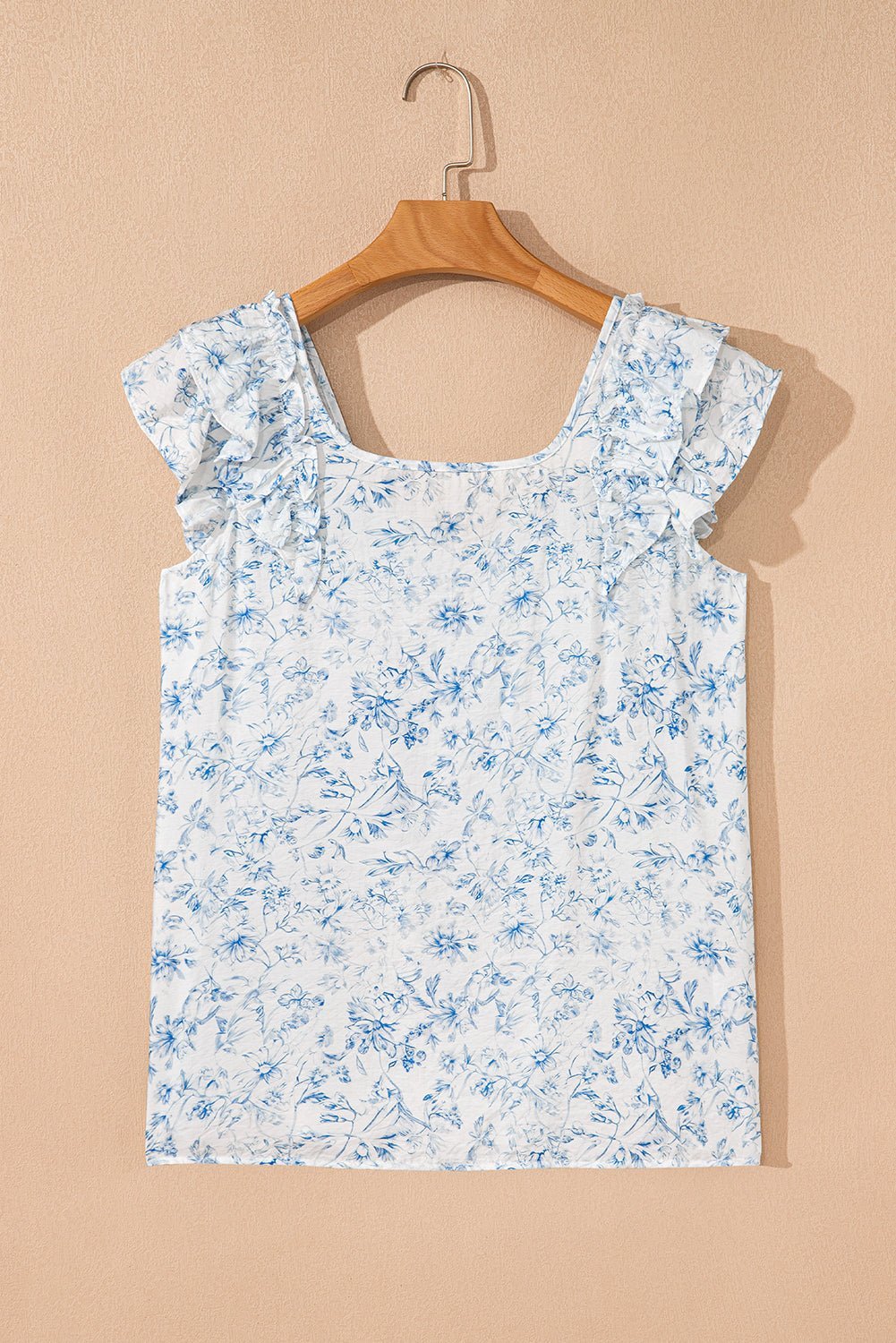 Sky Blue Floral Ruffle Short Sleeve Bow Back Blouse - MAD RUFFI