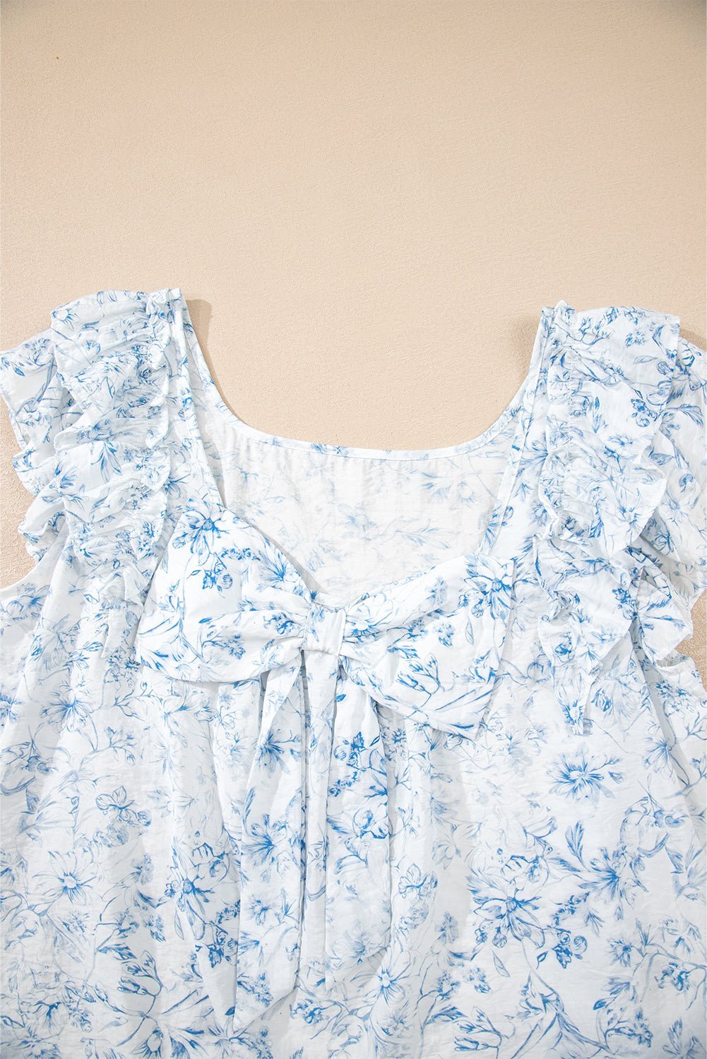 Sky Blue Floral Ruffle Short Sleeve Bow Back Blouse - MAD RUFFI