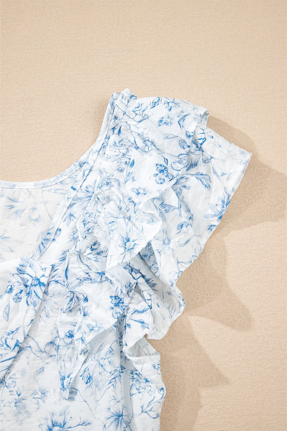 Sky Blue Floral Ruffle Short Sleeve Bow Back Blouse - MAD RUFFI