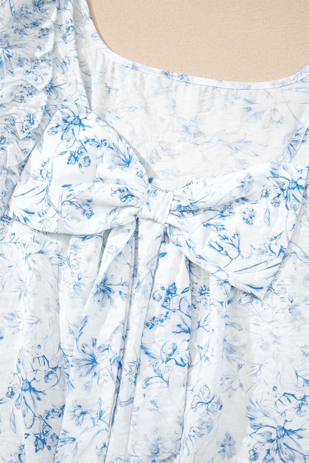 Sky Blue Floral Ruffle Short Sleeve Bow Back Blouse - MAD RUFFI