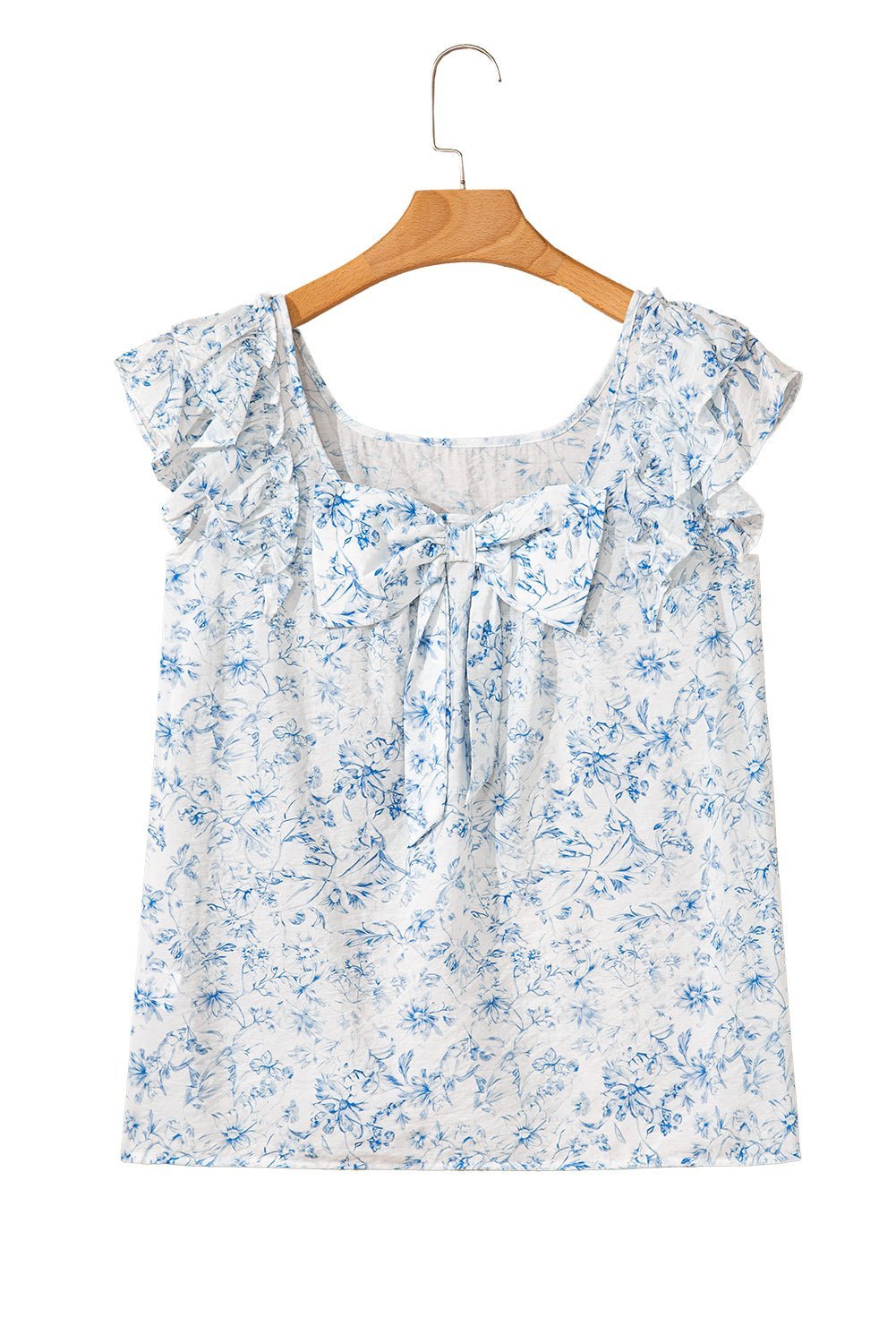 Sky Blue Floral Ruffle Short Sleeve Bow Back Blouse - MAD RUFFI