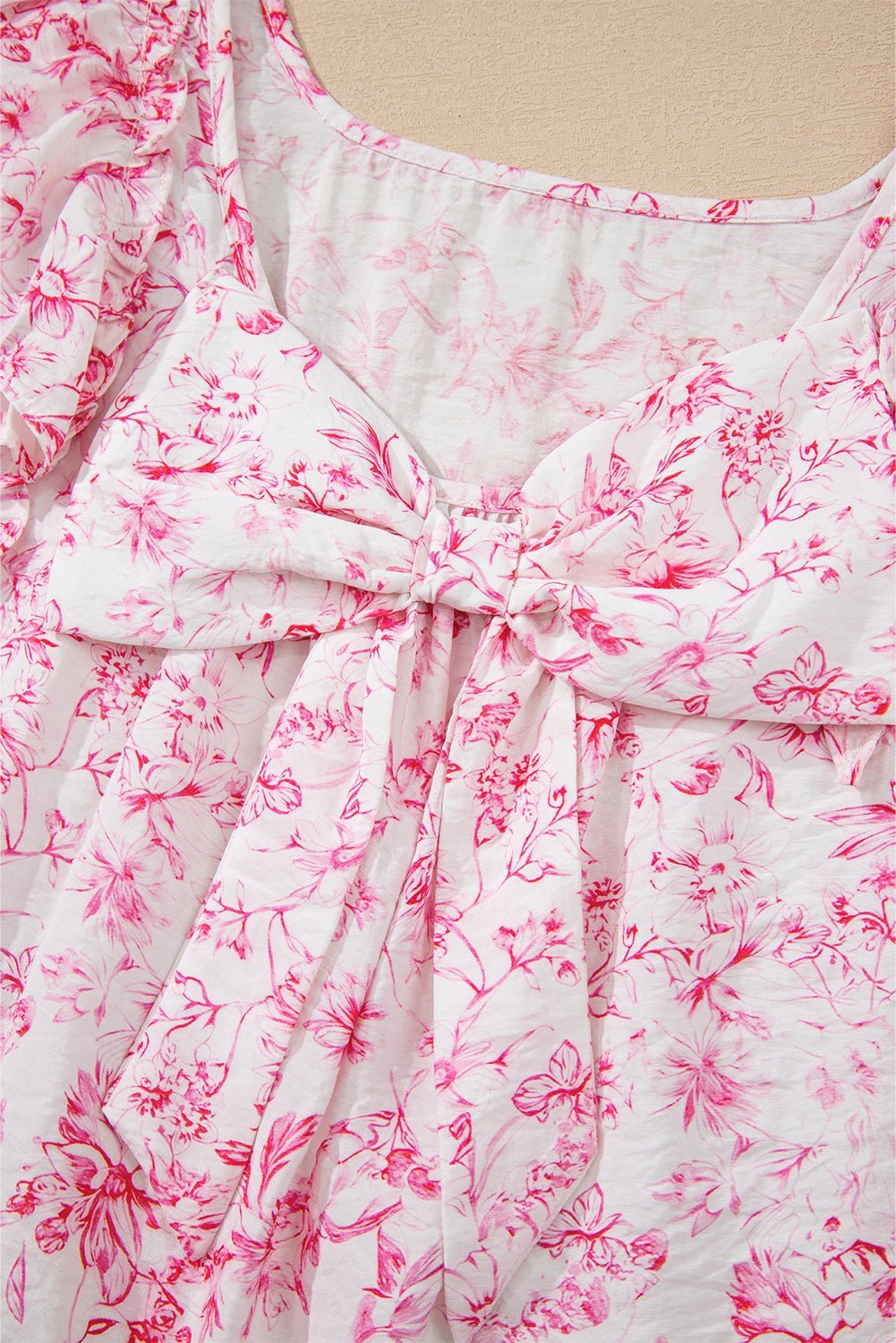 Sky Blue Floral Ruffle Short Sleeve Bow Back Blouse - MAD RUFFI