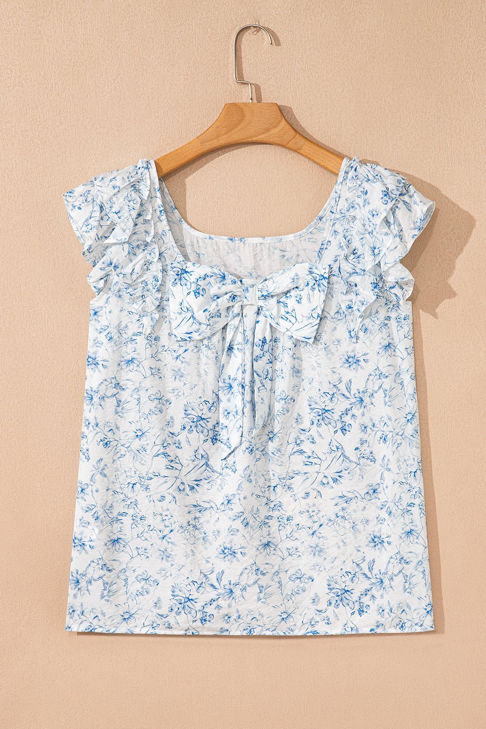 Sky Blue Floral Ruffle Short Sleeve Bow Back Blouse - MAD RUFFI