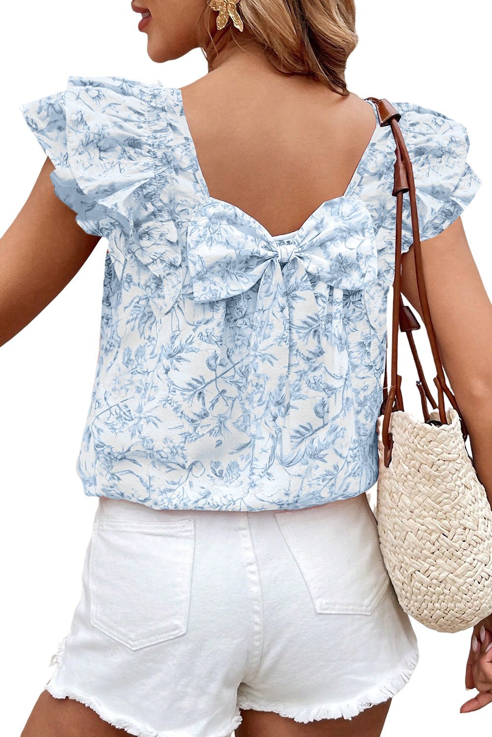 Sky Blue Floral Ruffle Short Sleeve Bow Back Blouse - MAD RUFFI