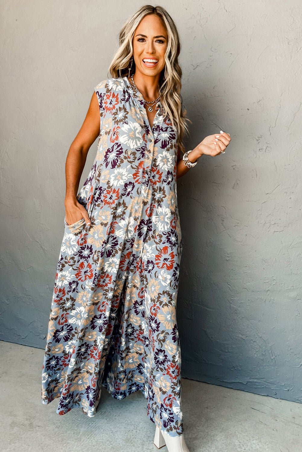 Sky Blue Floral Sleeveless Pocketed Wide Leg Jumpsuit - MAD RUFFI