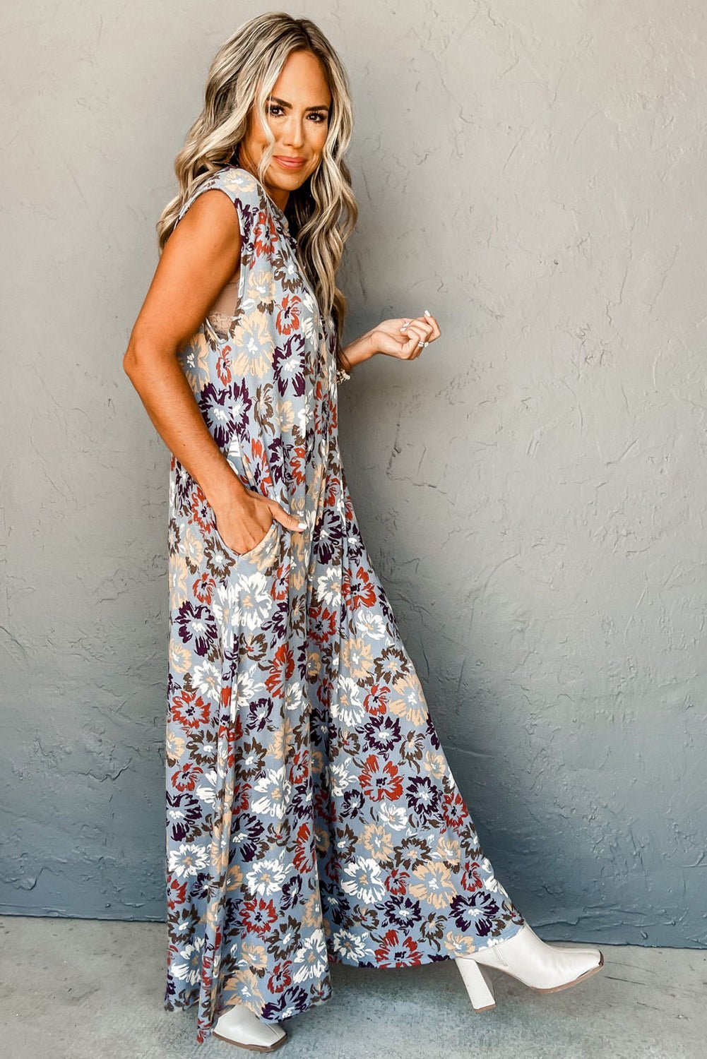 Sky Blue Floral Sleeveless Pocketed Wide Leg Jumpsuit - MAD RUFFI