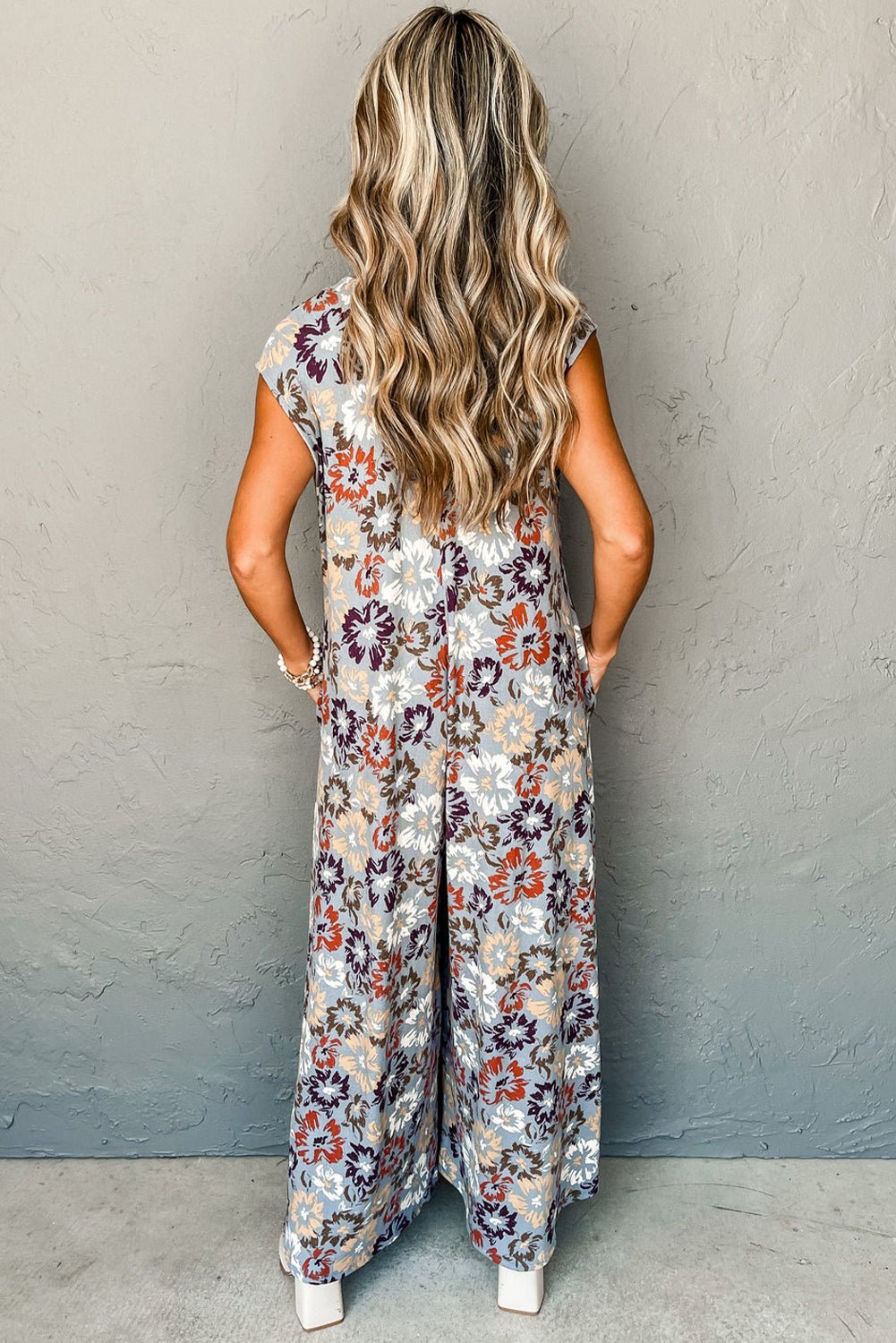 Sky Blue Floral Sleeveless Pocketed Wide Leg Jumpsuit - MAD RUFFI