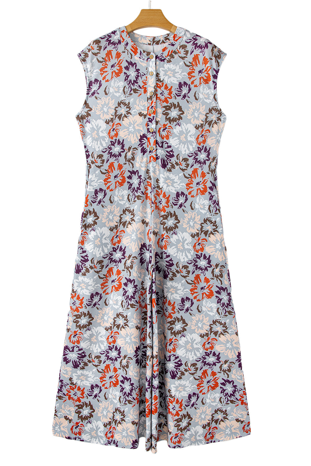 Sky Blue Floral Sleeveless Pocketed Wide Leg Jumpsuit - MAD RUFFI