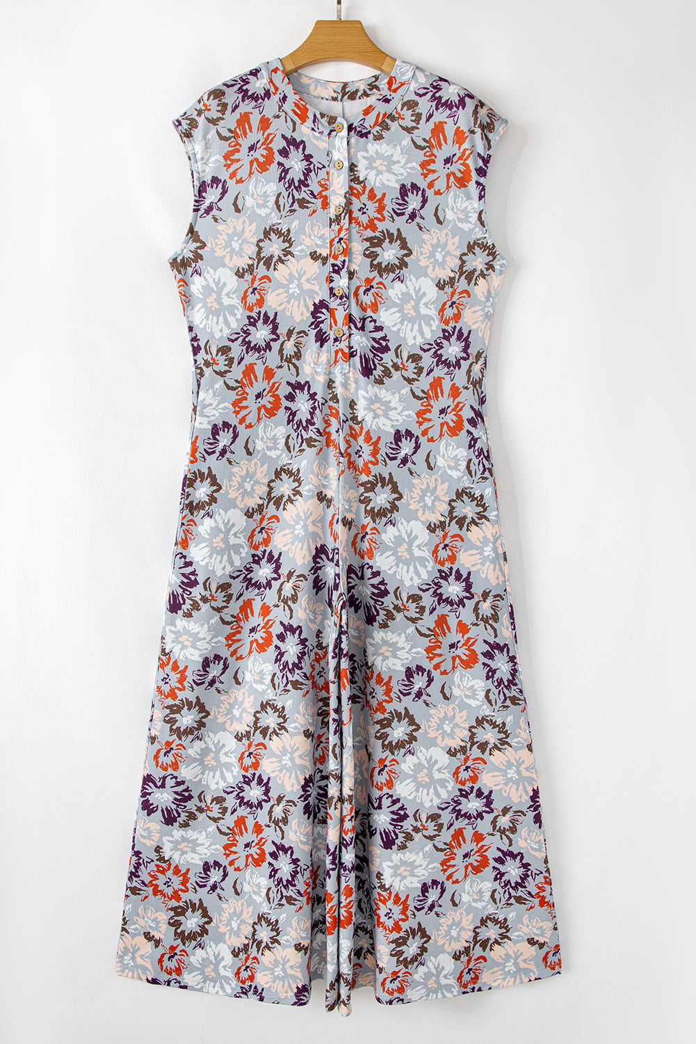 Sky Blue Floral Sleeveless Pocketed Wide Leg Jumpsuit - MAD RUFFI