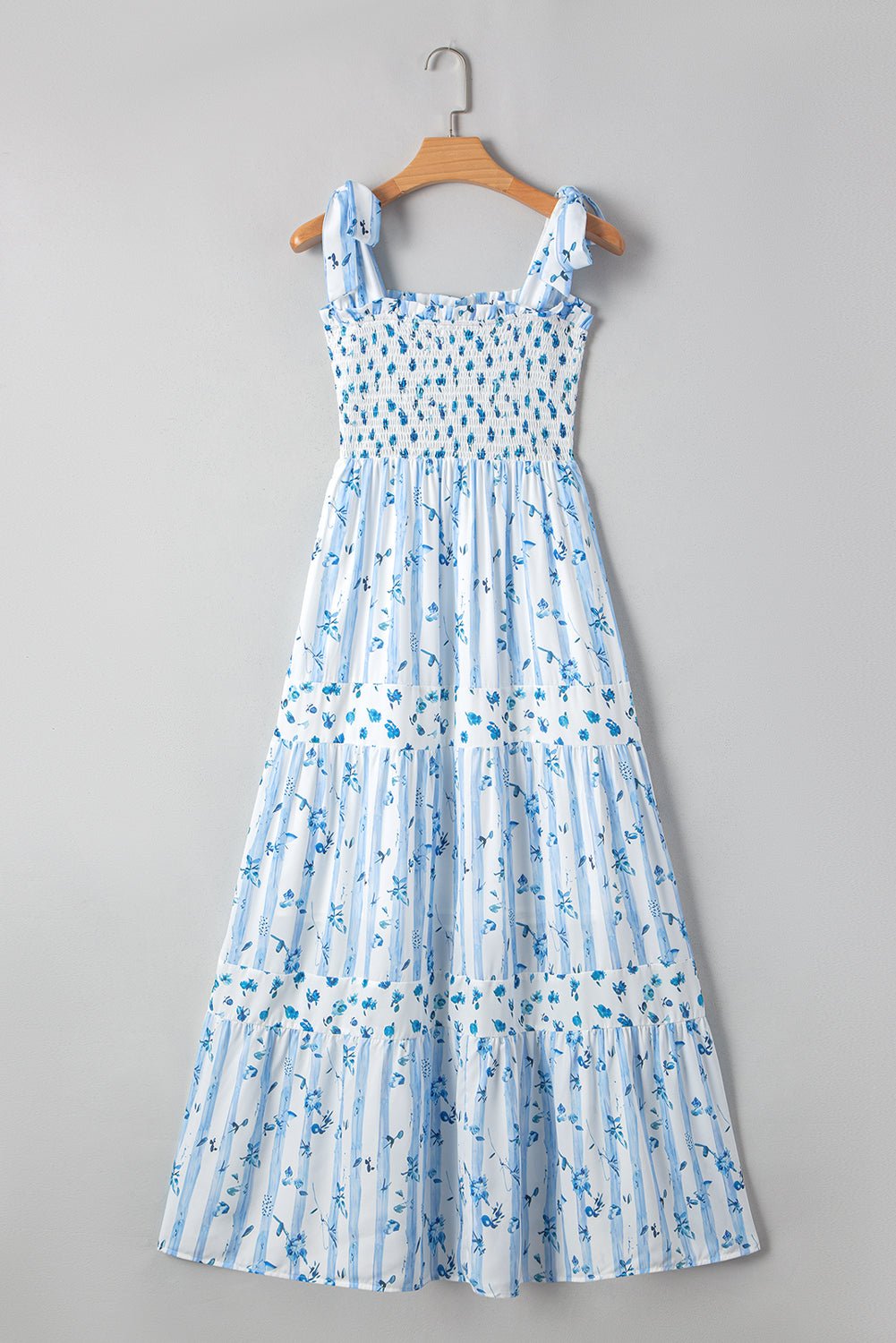 Sky Blue Floral Smocked A - Line Tie Straps Maxi Dress - MAD RUFFI
