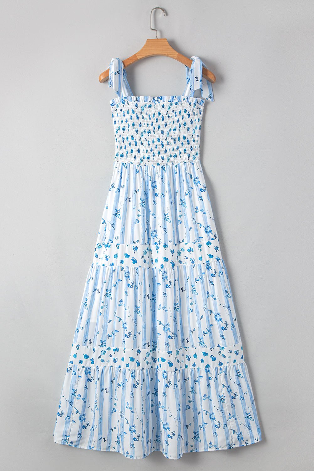 Sky Blue Floral Smocked A - Line Tie Straps Maxi Dress - MAD RUFFI