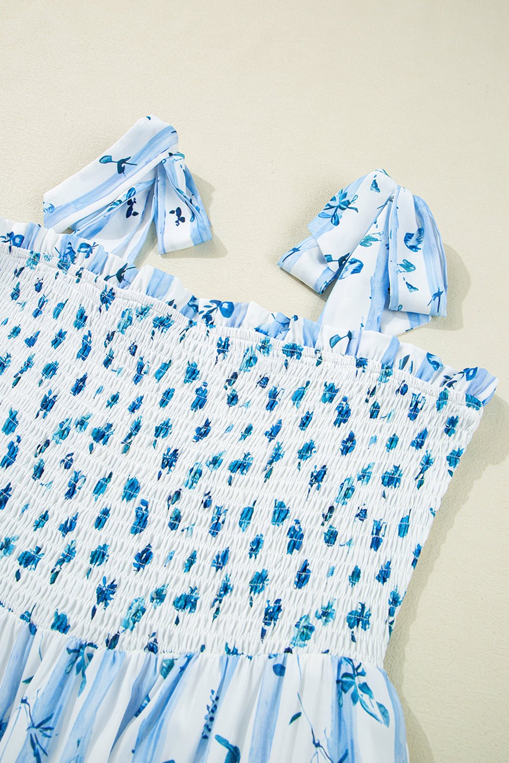 Sky Blue Floral Smocked A - Line Tie Straps Maxi Dress - MAD RUFFI