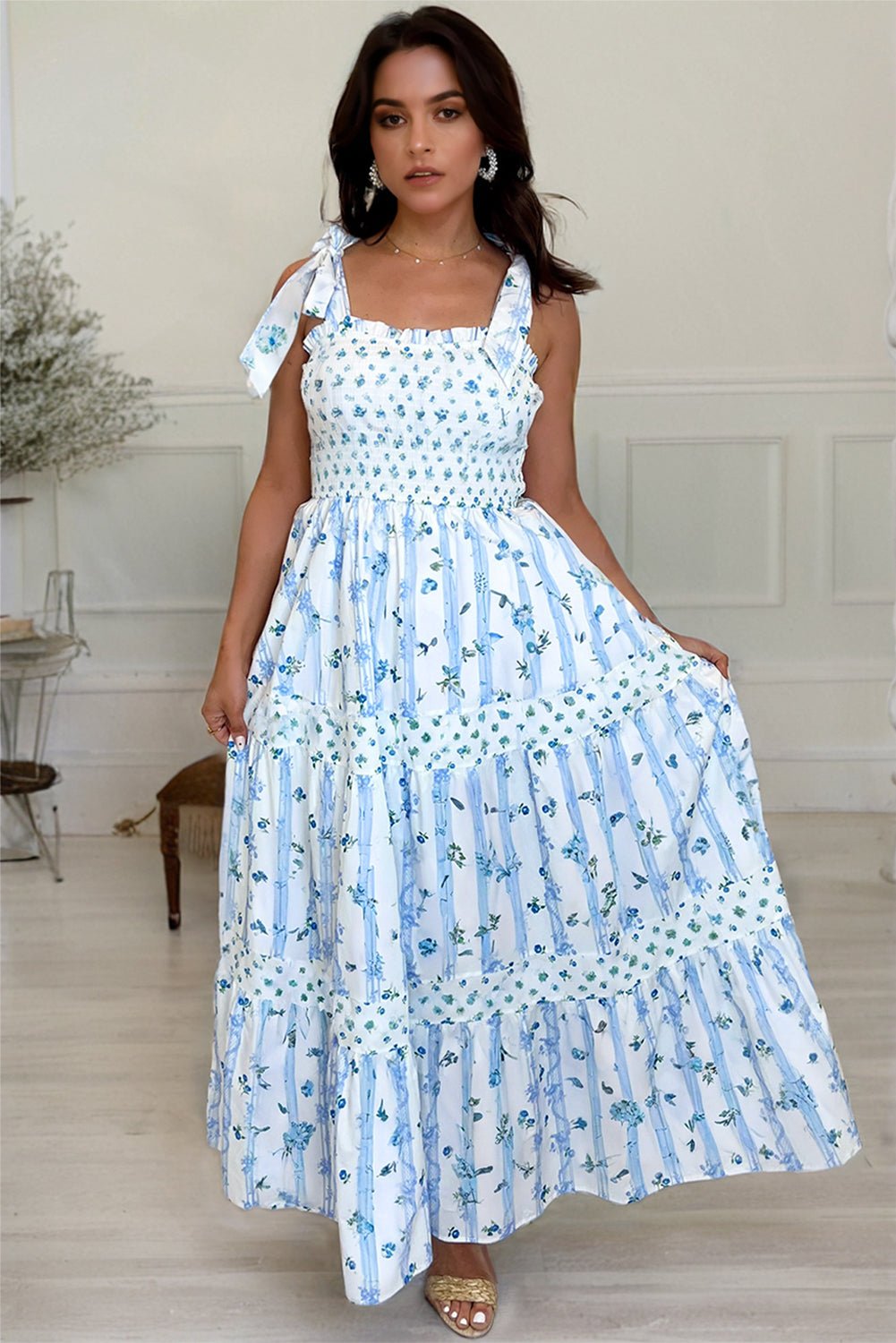 Sky Blue Floral Smocked A - Line Tie Straps Maxi Dress - MAD RUFFI