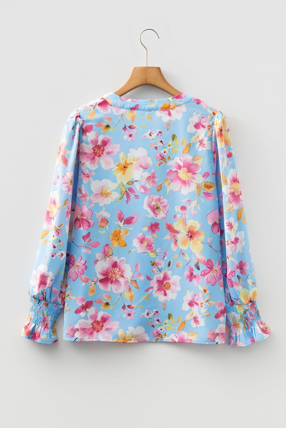 Sky Blue Floral Smocked Cuff Flounce Sleeve V Neck Blouse - MAD RUFFI