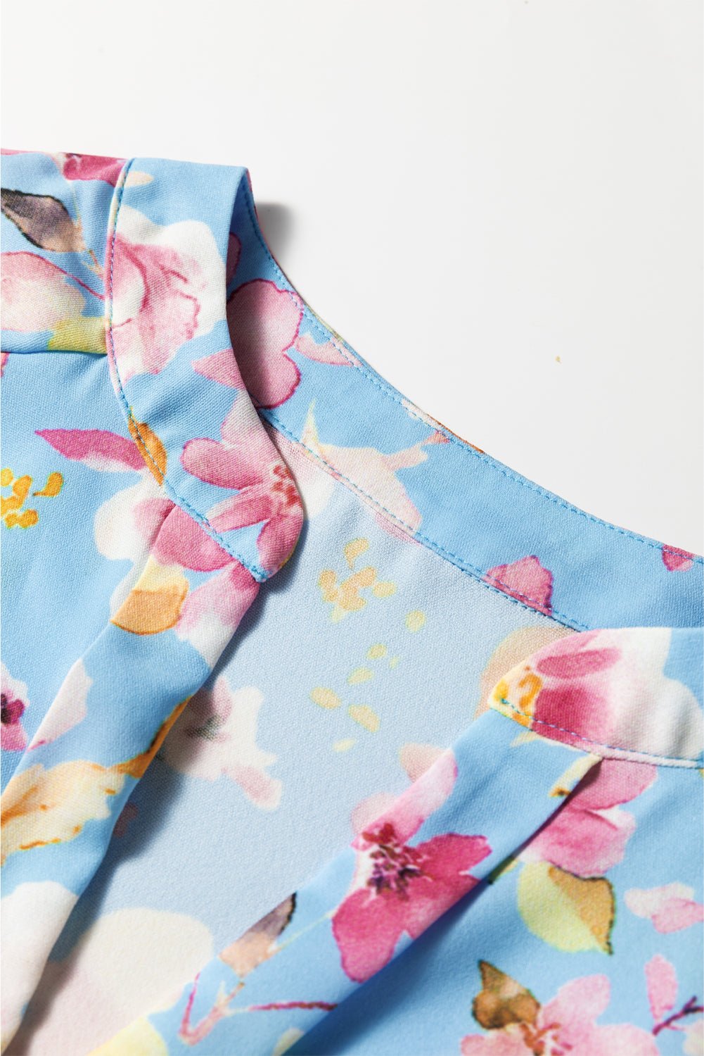 Sky Blue Floral Smocked Cuff Flounce Sleeve V Neck Blouse - MAD RUFFI