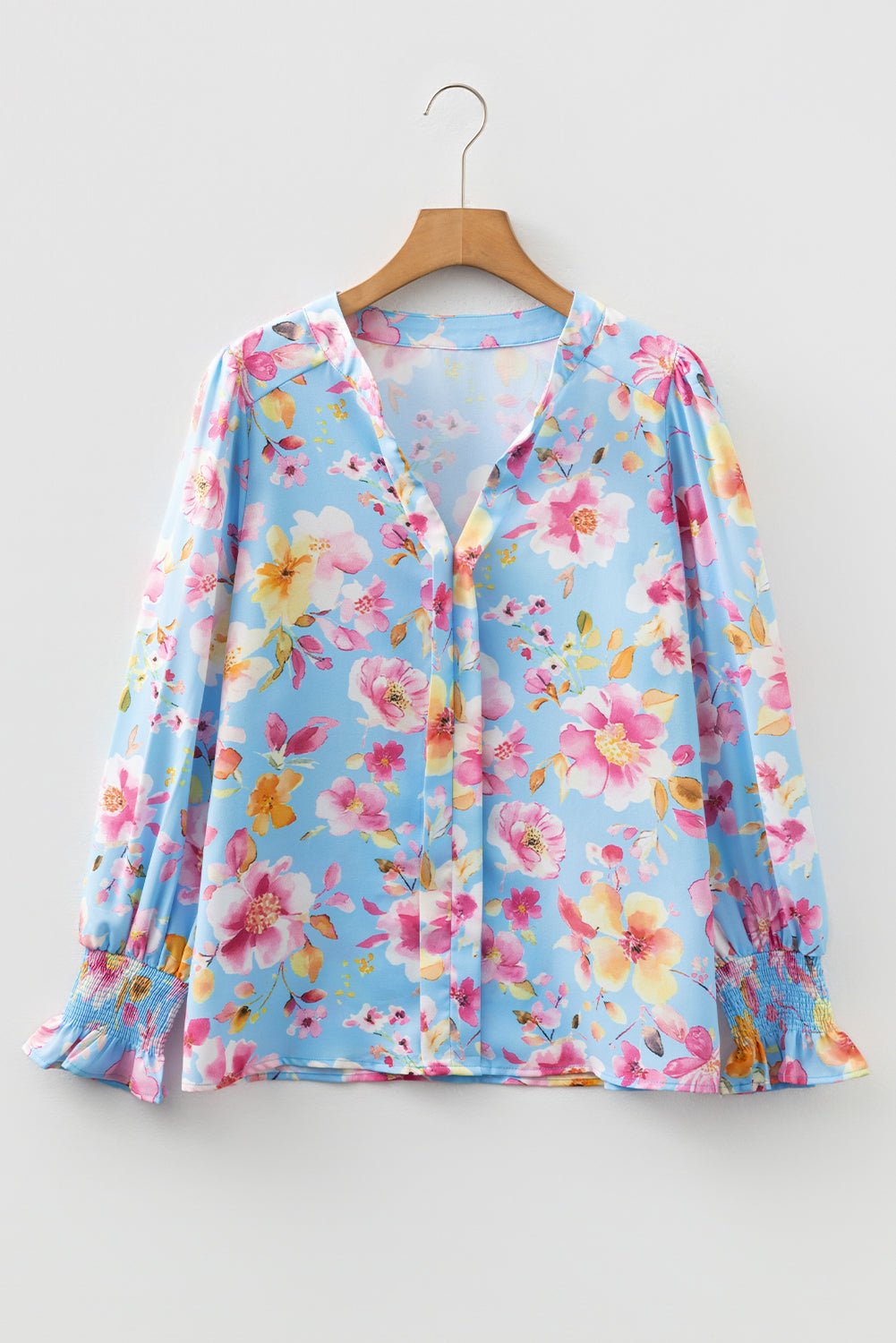 Sky Blue Floral Smocked Cuff Flounce Sleeve V Neck Blouse - MAD RUFFI