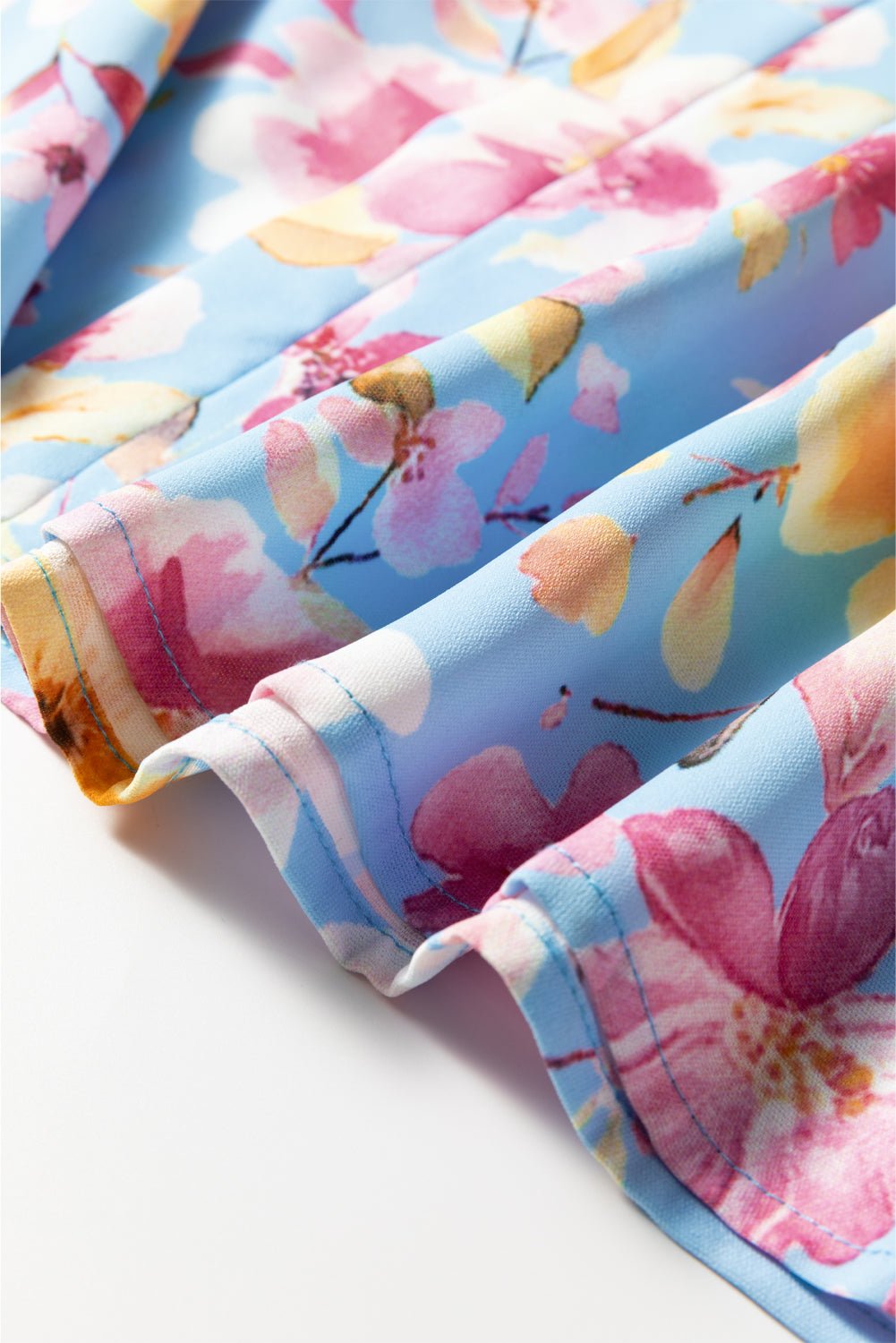 Sky Blue Floral Smocked Cuff Flounce Sleeve V Neck Blouse - MAD RUFFI