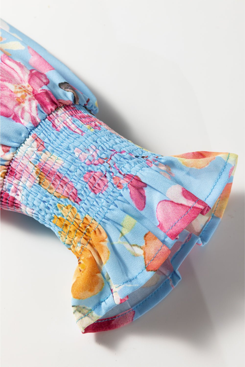 Sky Blue Floral Smocked Cuff Flounce Sleeve V Neck Blouse - MAD RUFFI