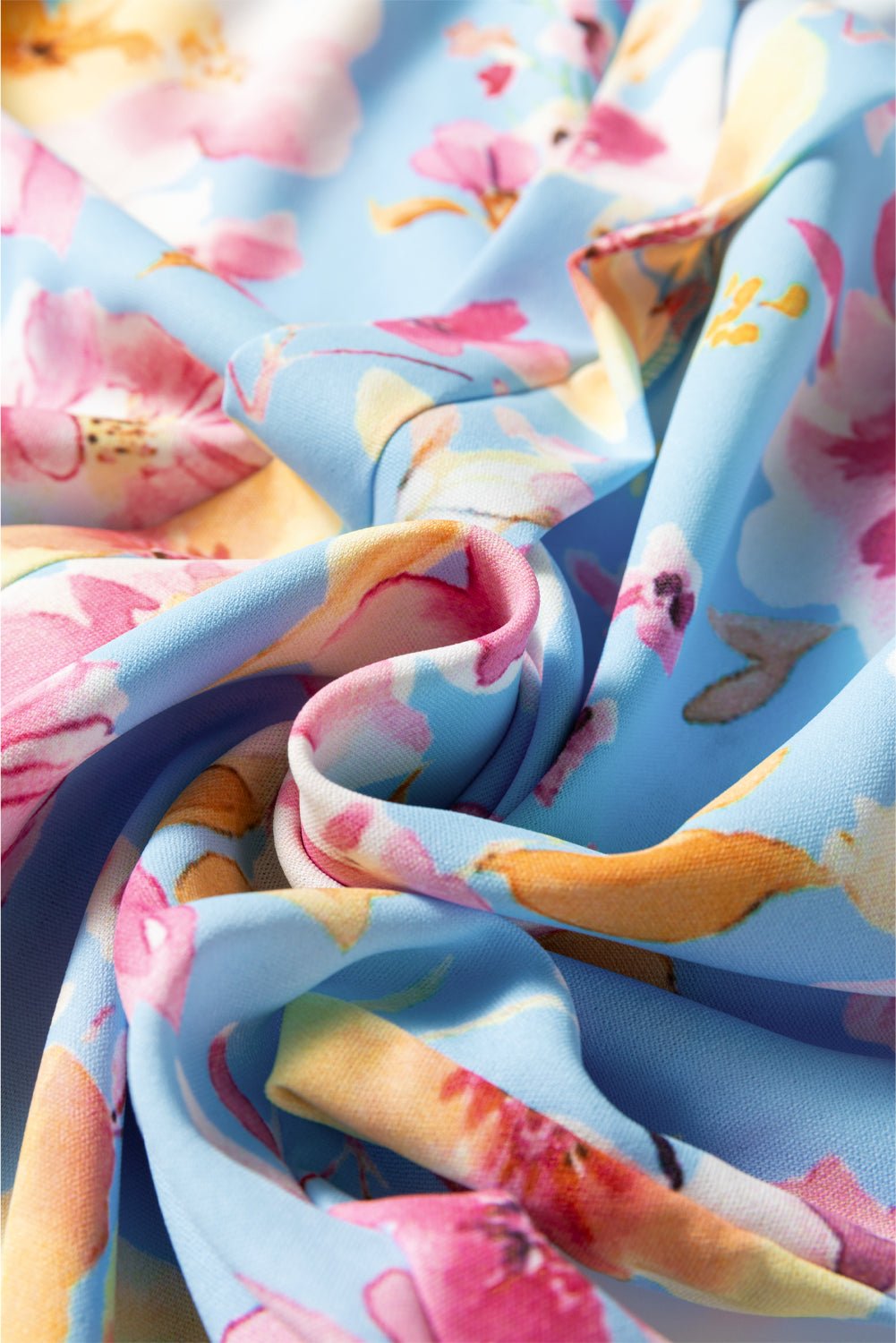 Sky Blue Floral Smocked Cuff Flounce Sleeve V Neck Blouse - MAD RUFFI