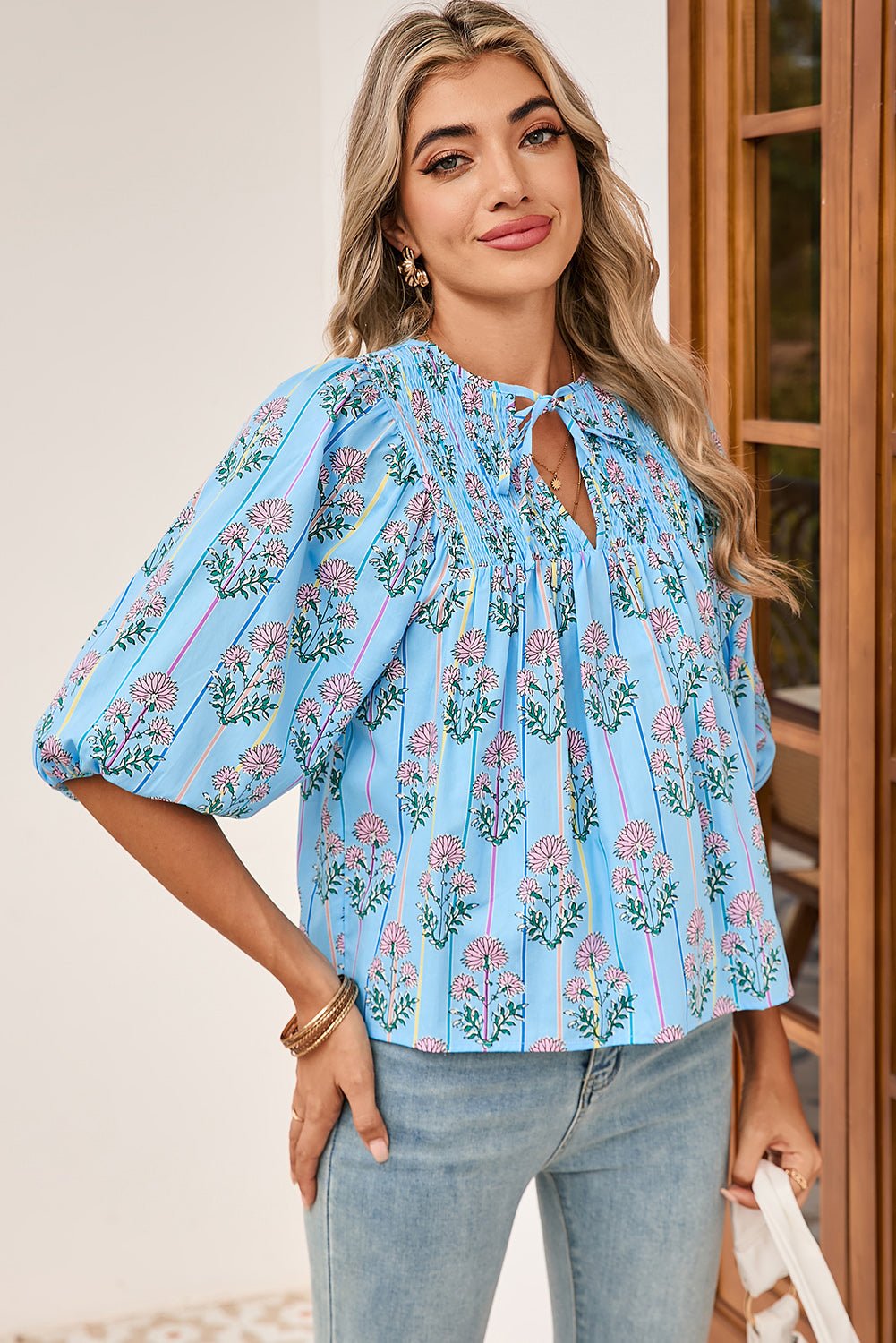 Sky Blue Floral Striped Smocked V Neck Blouse - MAD RUFFI