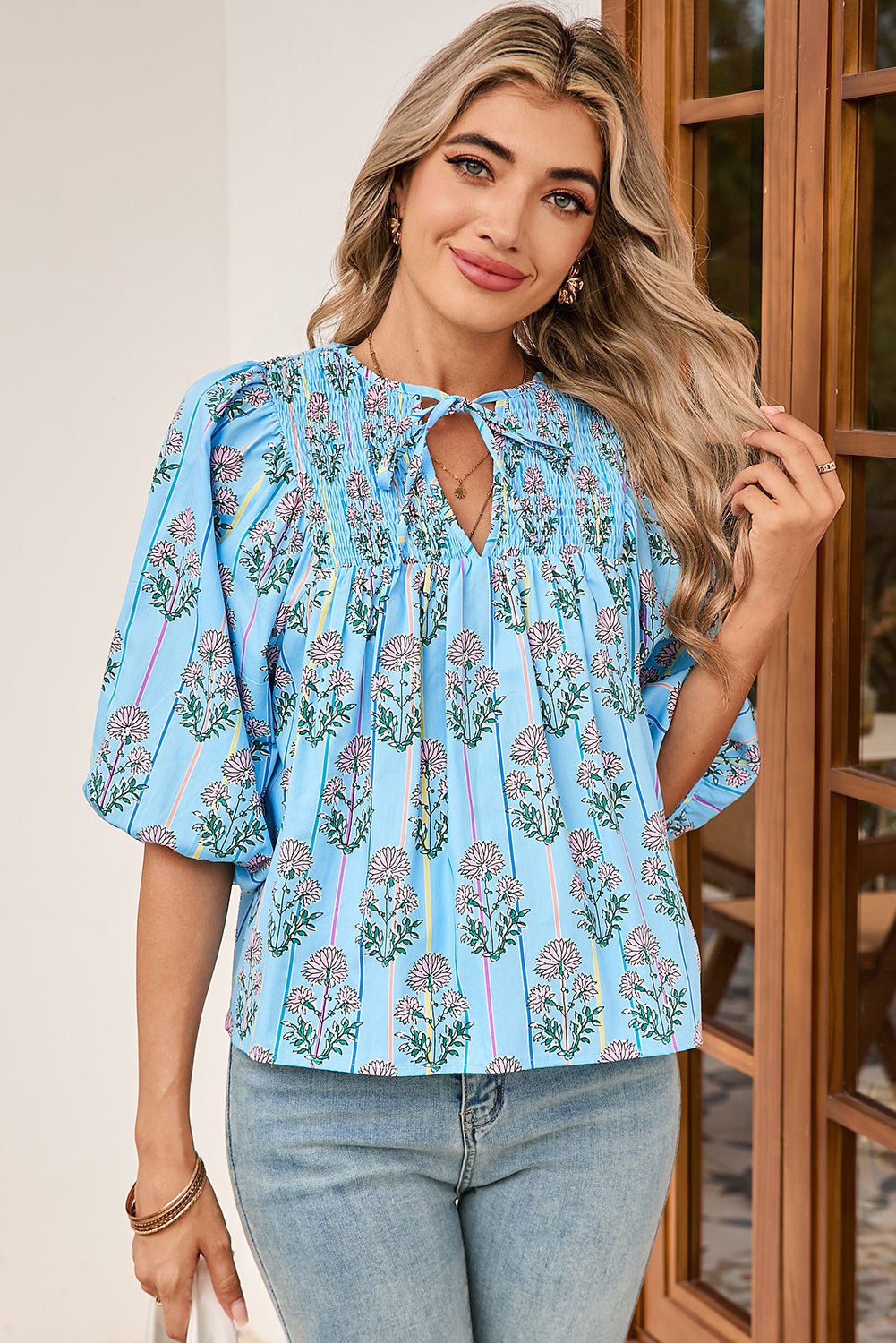 Sky Blue Floral Striped Smocked V Neck Blouse - MAD RUFFI