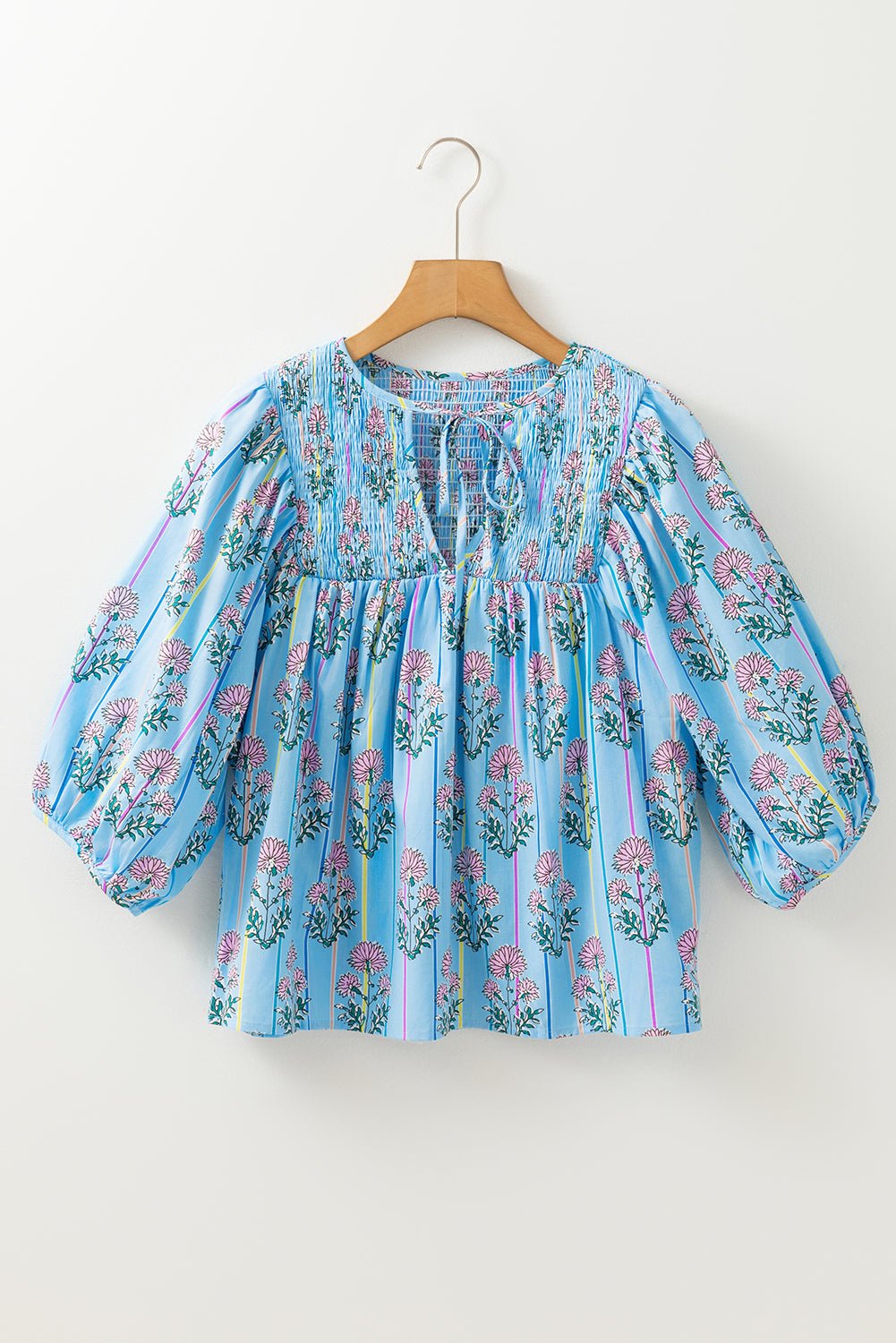 Sky Blue Floral Striped Smocked V Neck Blouse - MAD RUFFI