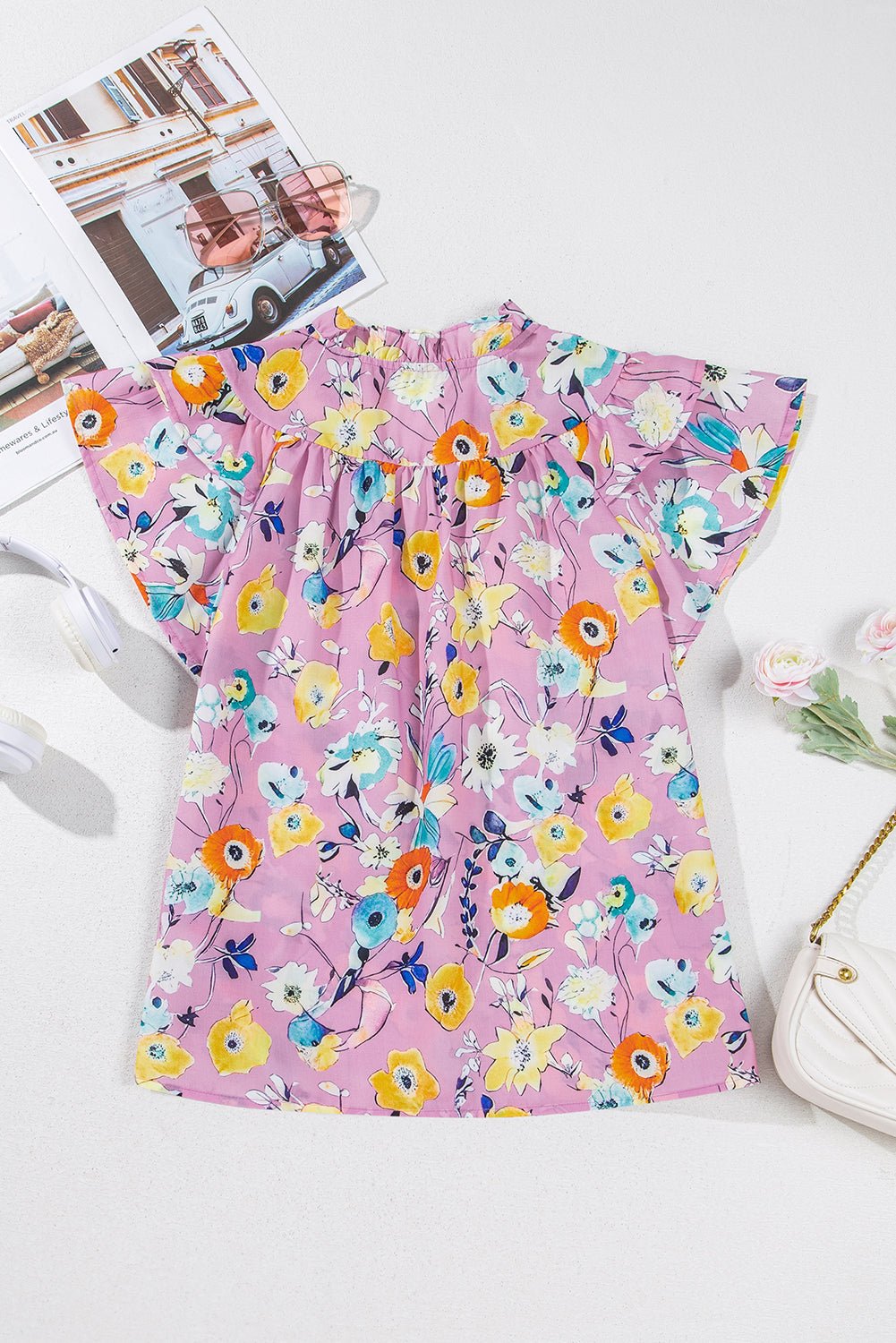 Sky Blue Flutter Sleeve Frill V Neck Floral Top - MAD RUFFI