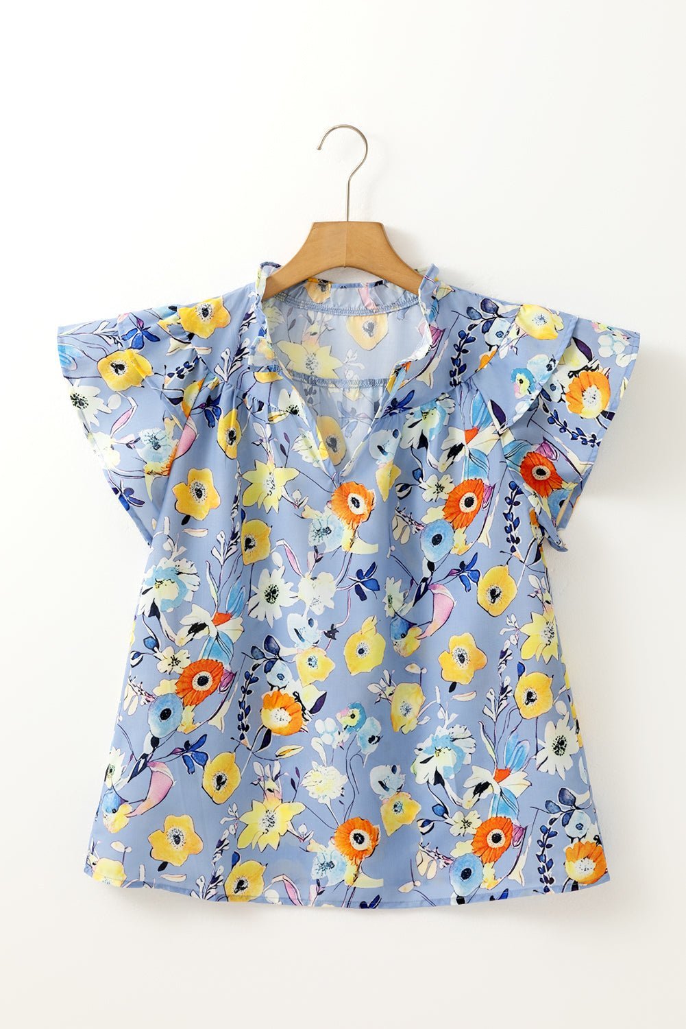 Sky Blue Flutter Sleeve Frill V Neck Floral Top - MAD RUFFI