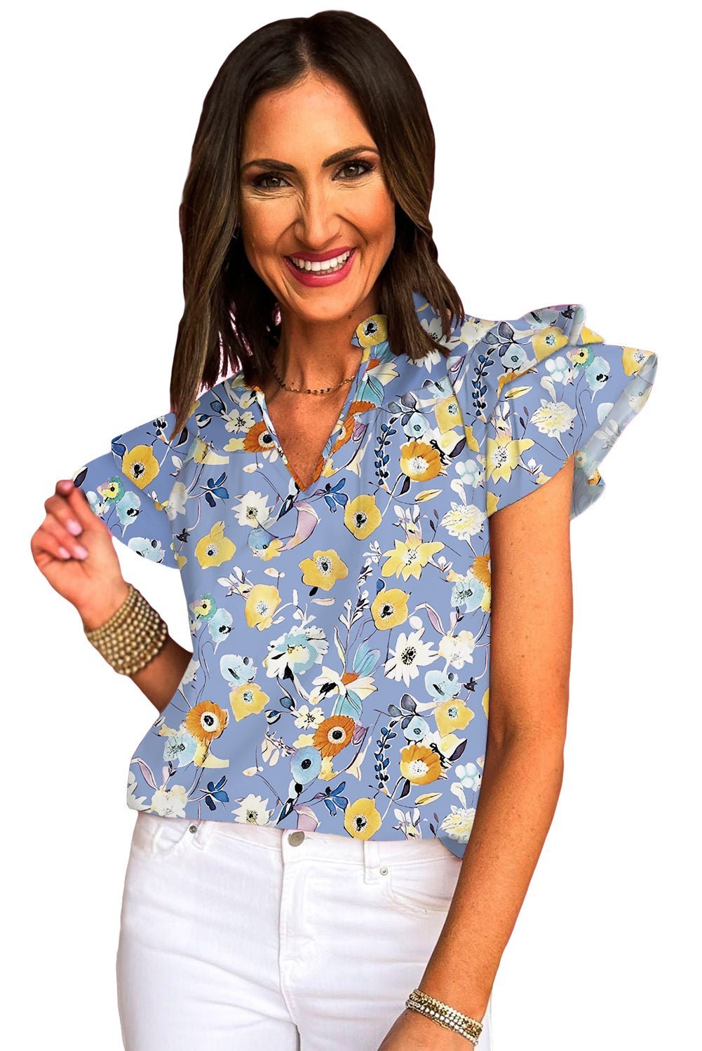 Sky Blue Flutter Sleeve Frill V Neck Floral Top - MAD RUFFI