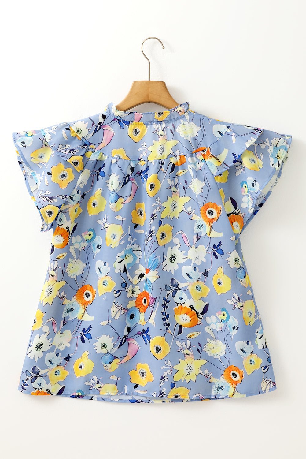 Sky Blue Flutter Sleeve Frill V Neck Floral Top - MAD RUFFI