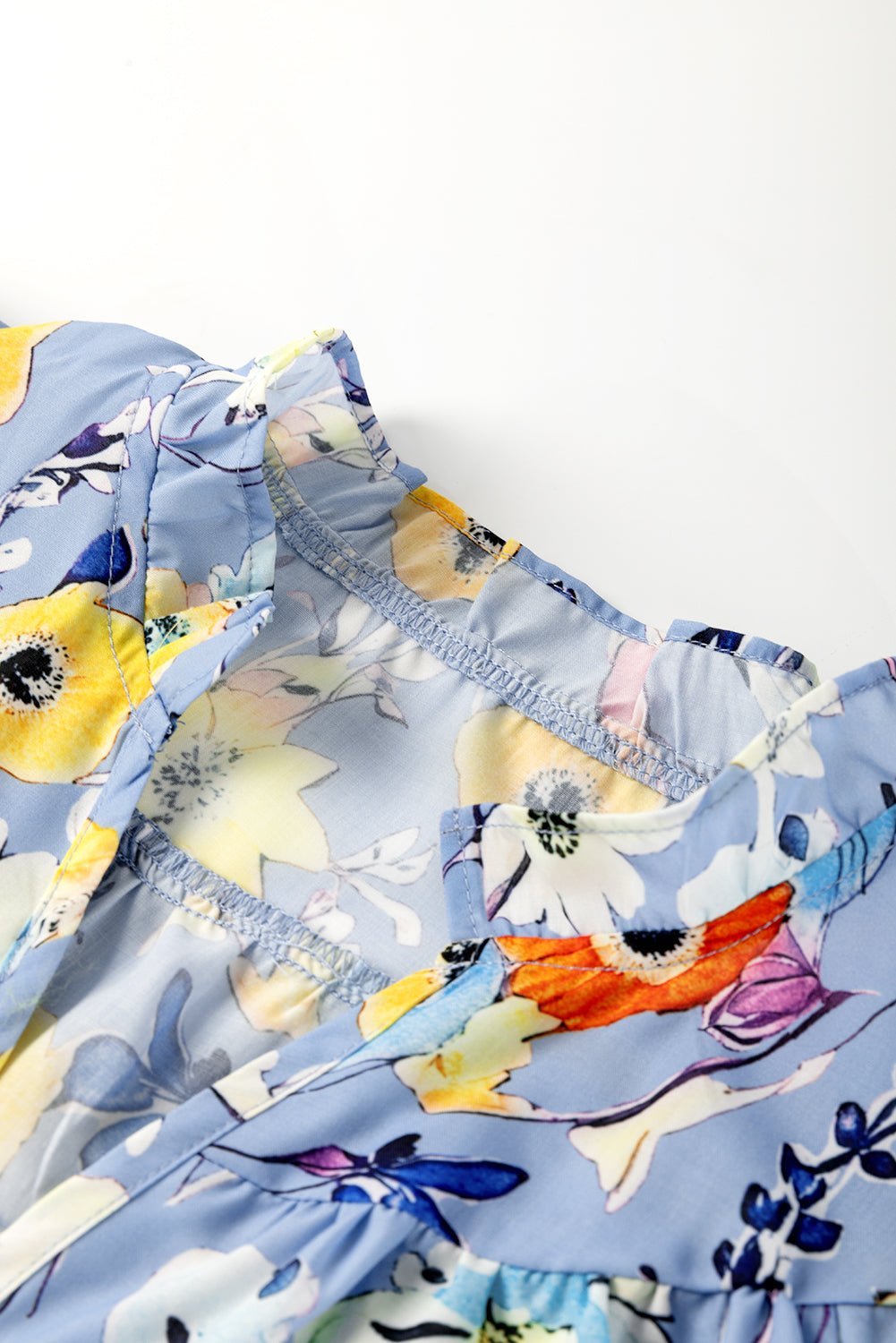 Sky Blue Flutter Sleeve Frill V Neck Floral Top - MAD RUFFI