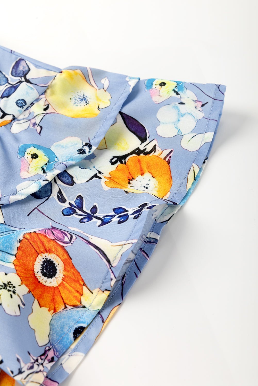 Sky Blue Flutter Sleeve Frill V Neck Floral Top - MAD RUFFI