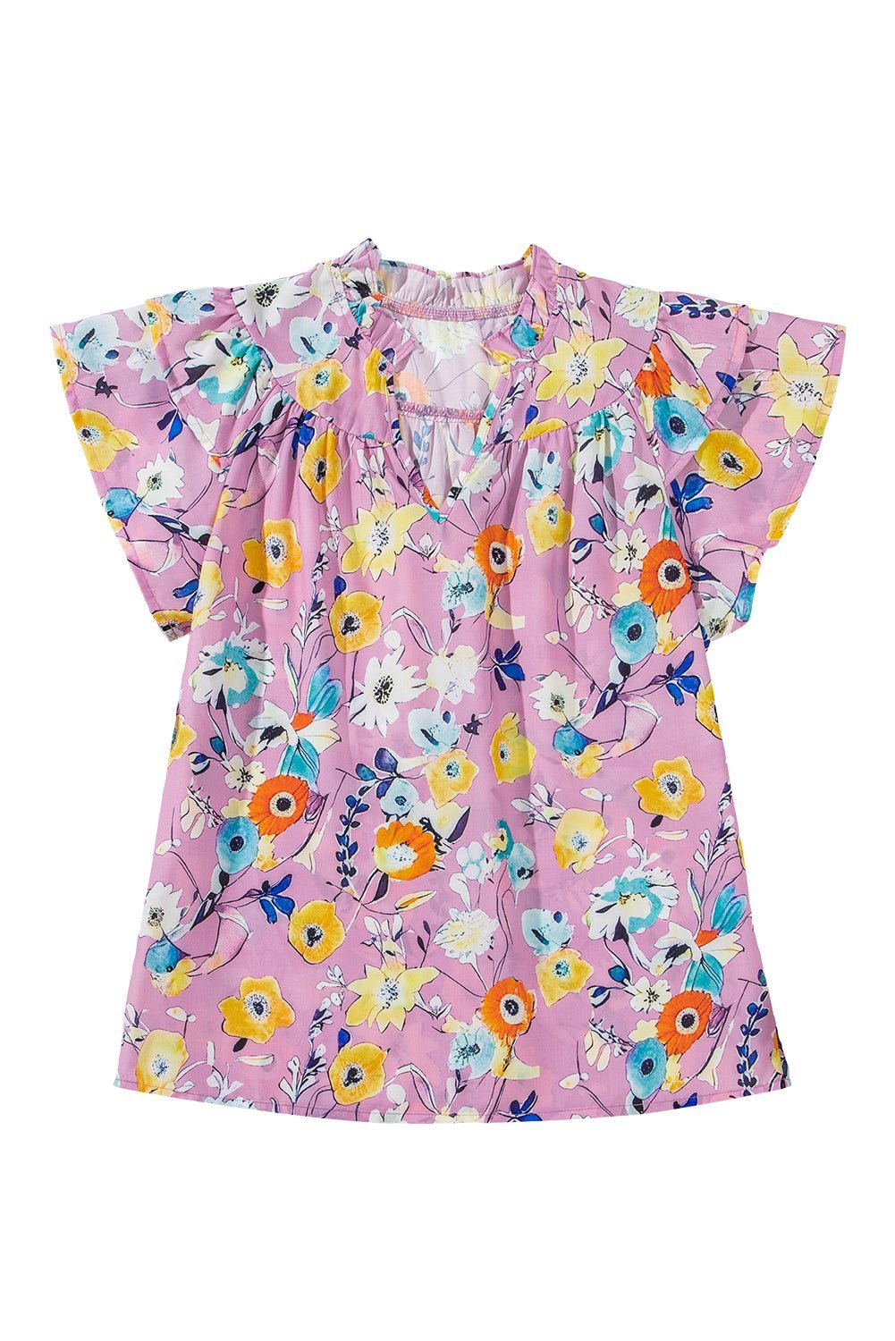 Sky Blue Flutter Sleeve Frill V Neck Floral Top - MAD RUFFI