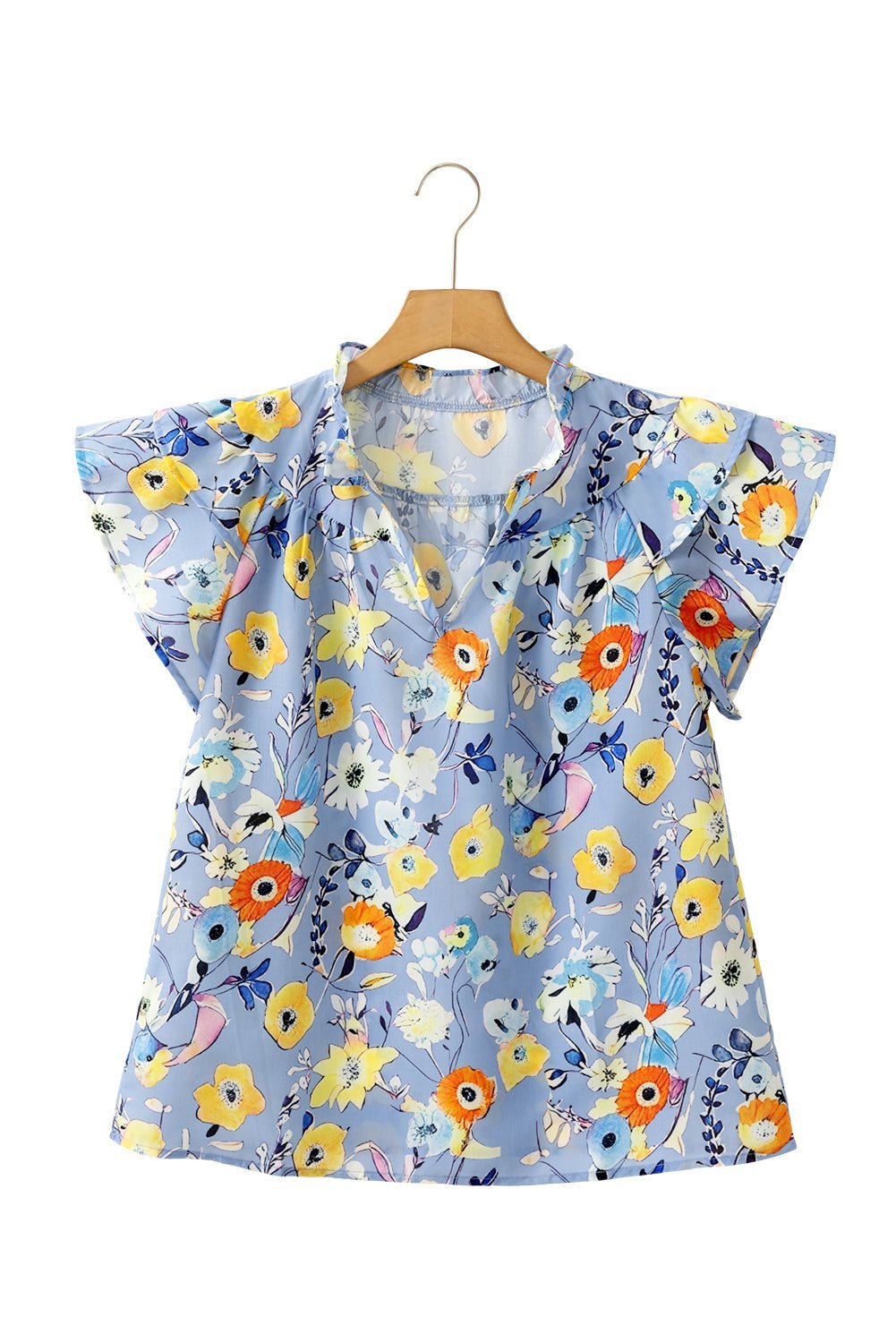 Sky Blue Flutter Sleeve Frill V Neck Floral Top - MAD RUFFI