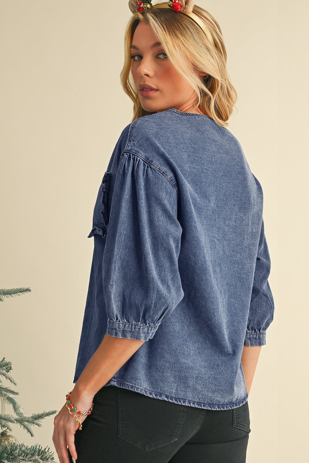 Sky Blue Frill Trim Puff Sleeve Pocket Denim Blouse - MAD RUFFI