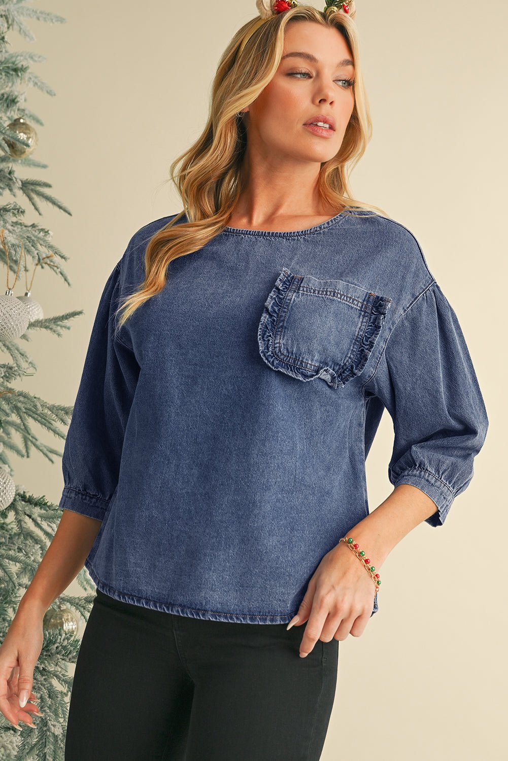 Sky Blue Frill Trim Puff Sleeve Pocket Denim Blouse - MAD RUFFI