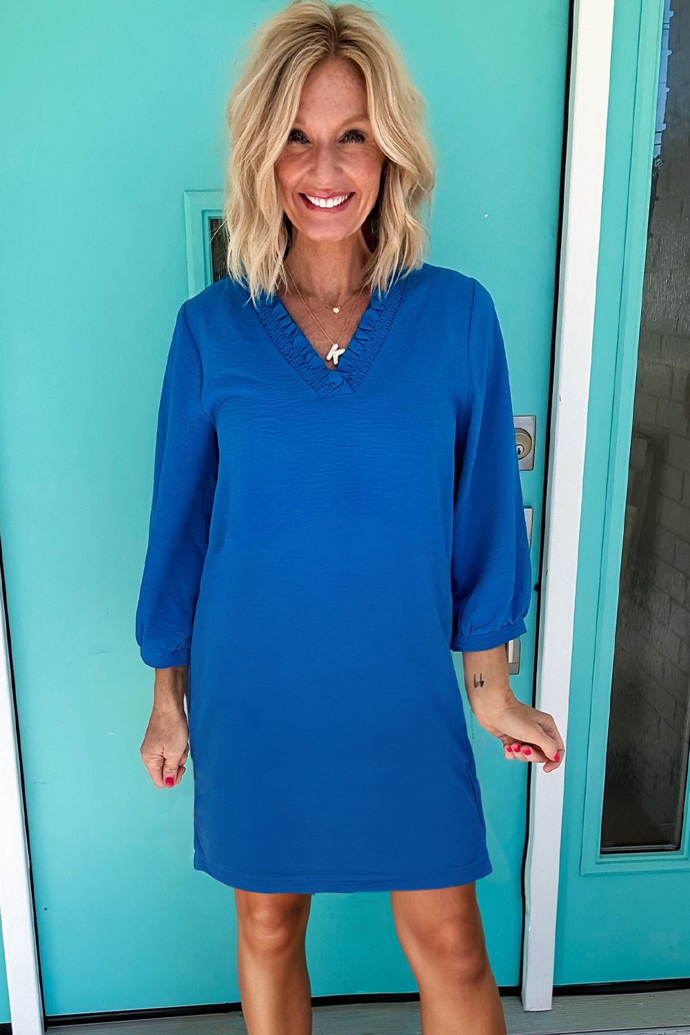 Sky Blue Frill V Neck Bracelet Sleeve Plain Mini Dress - MAD RUFFI