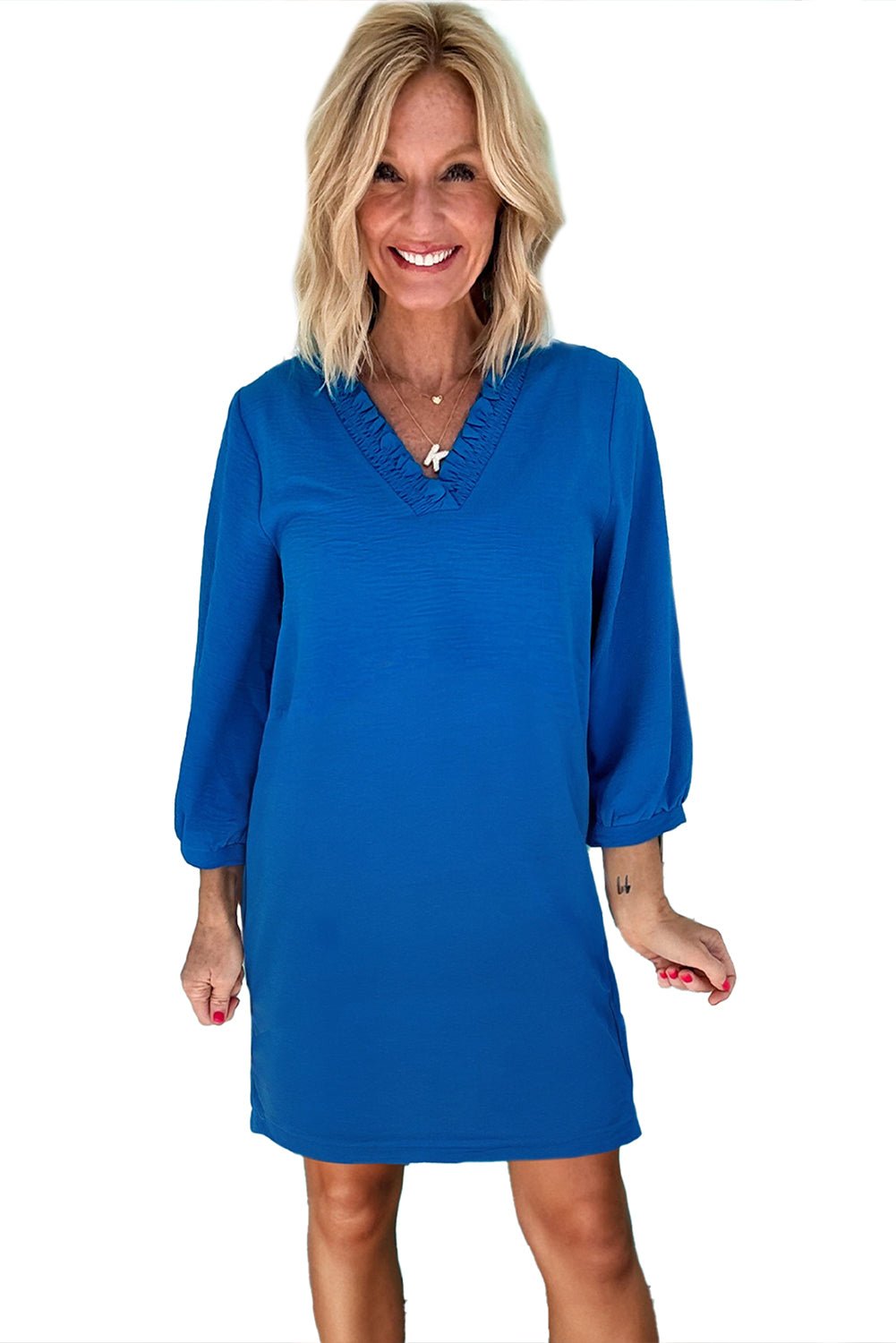 Sky Blue Frill V Neck Bracelet Sleeve Plain Mini Dress - MAD RUFFI