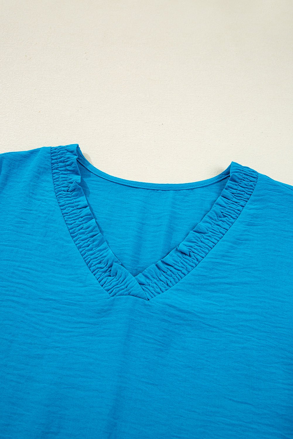 Sky Blue Frill V Neckline Puff Sleeve Crinkled Blouse - MAD RUFFI