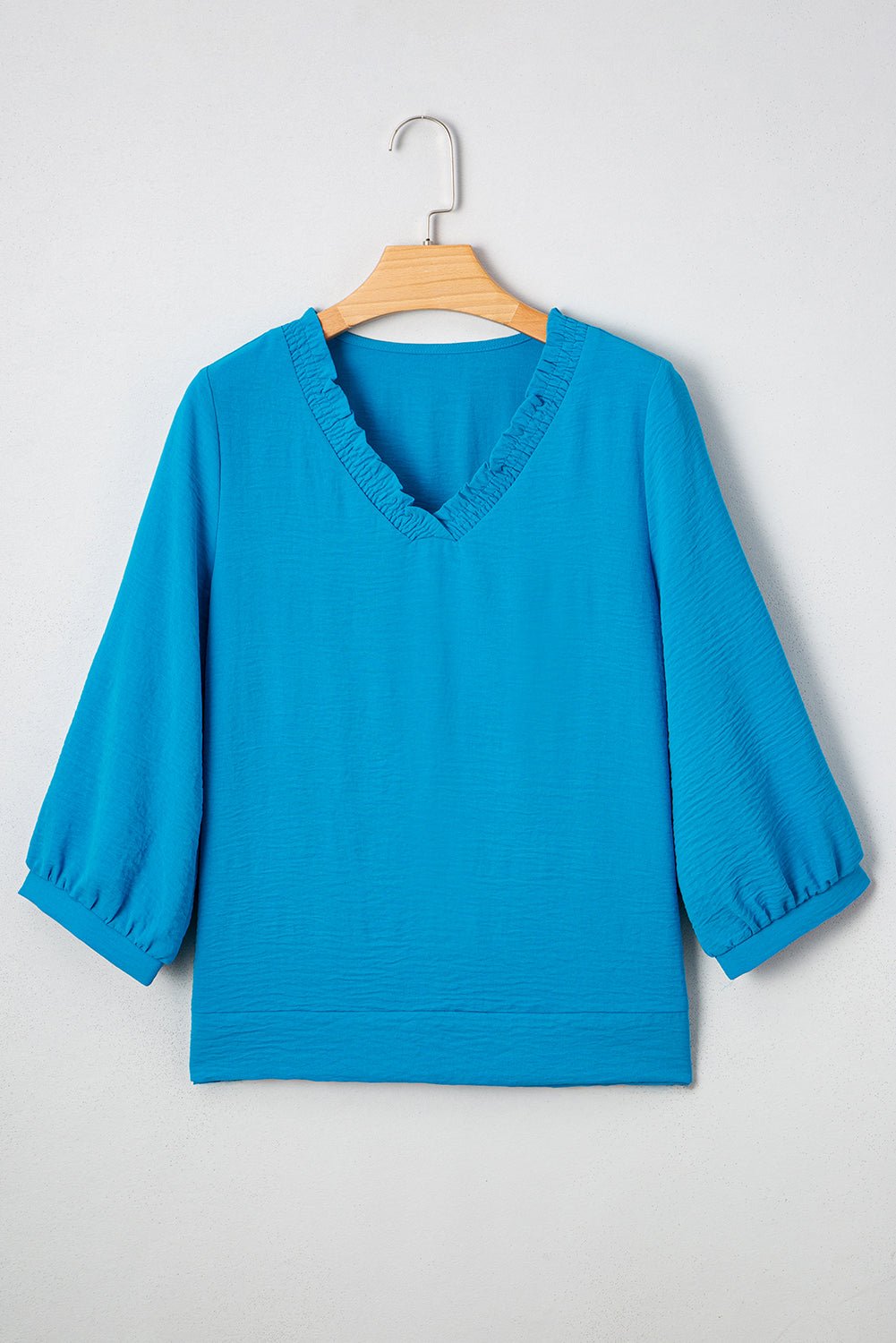 Sky Blue Frill V Neckline Puff Sleeve Crinkled Blouse - MAD RUFFI