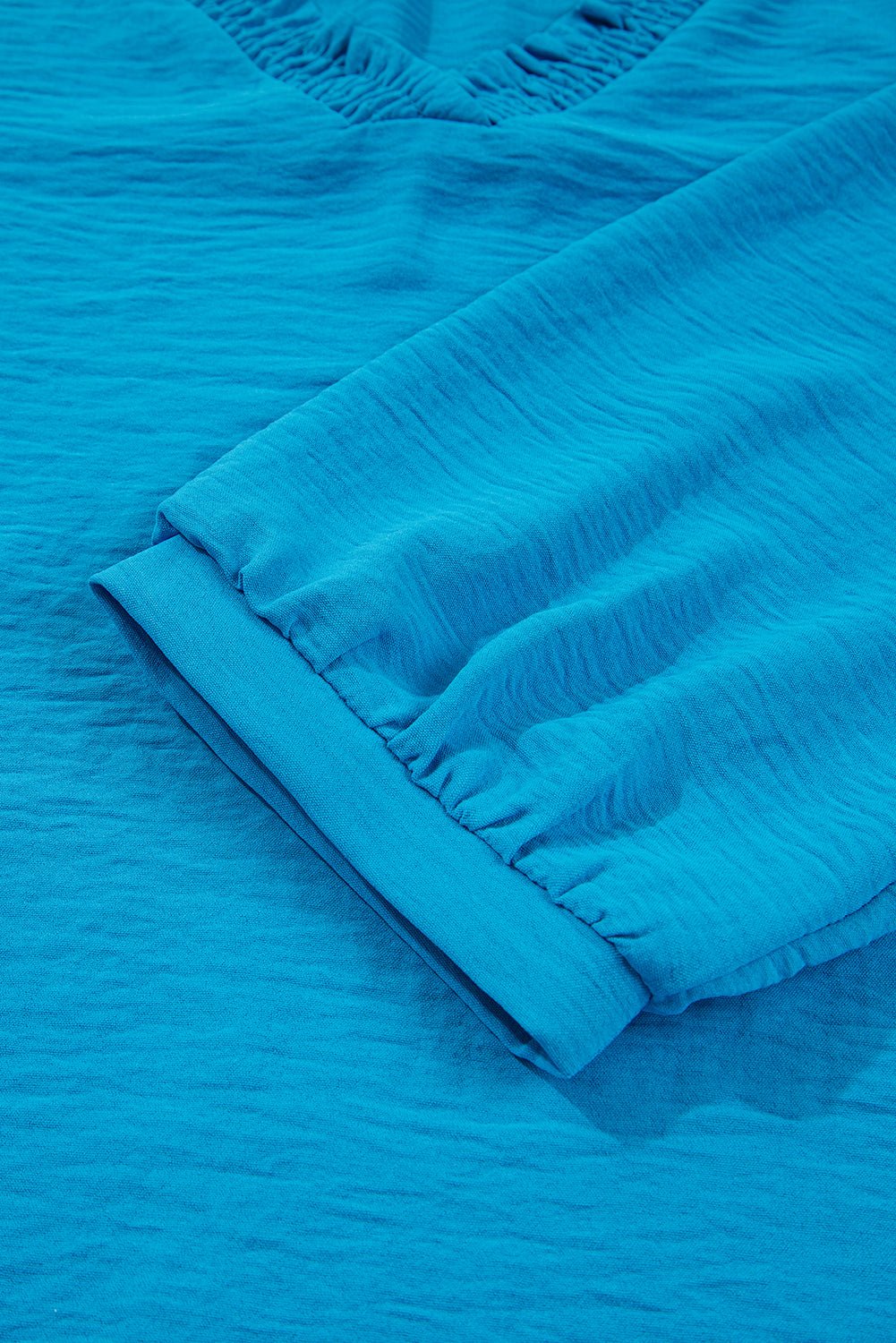 Sky Blue Frill V Neckline Puff Sleeve Crinkled Blouse - MAD RUFFI