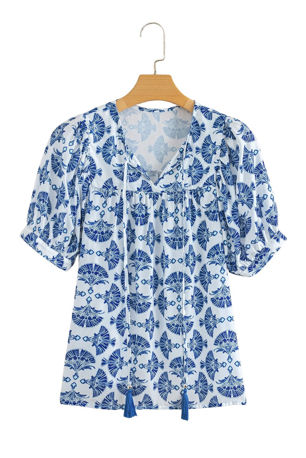 Sky Blue Geometric Print Tassel Drawstring V Neck Blouse - MAD RUFFI