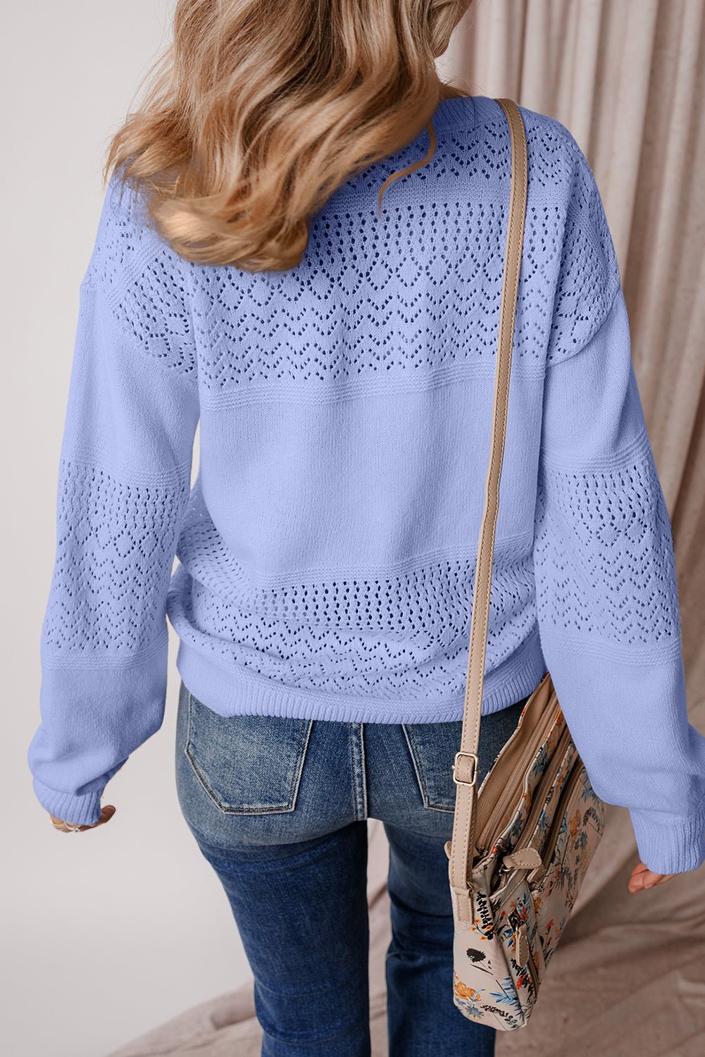 Sky Blue Hollow Long Sleeve V Neck sweater - MAD RUFFI