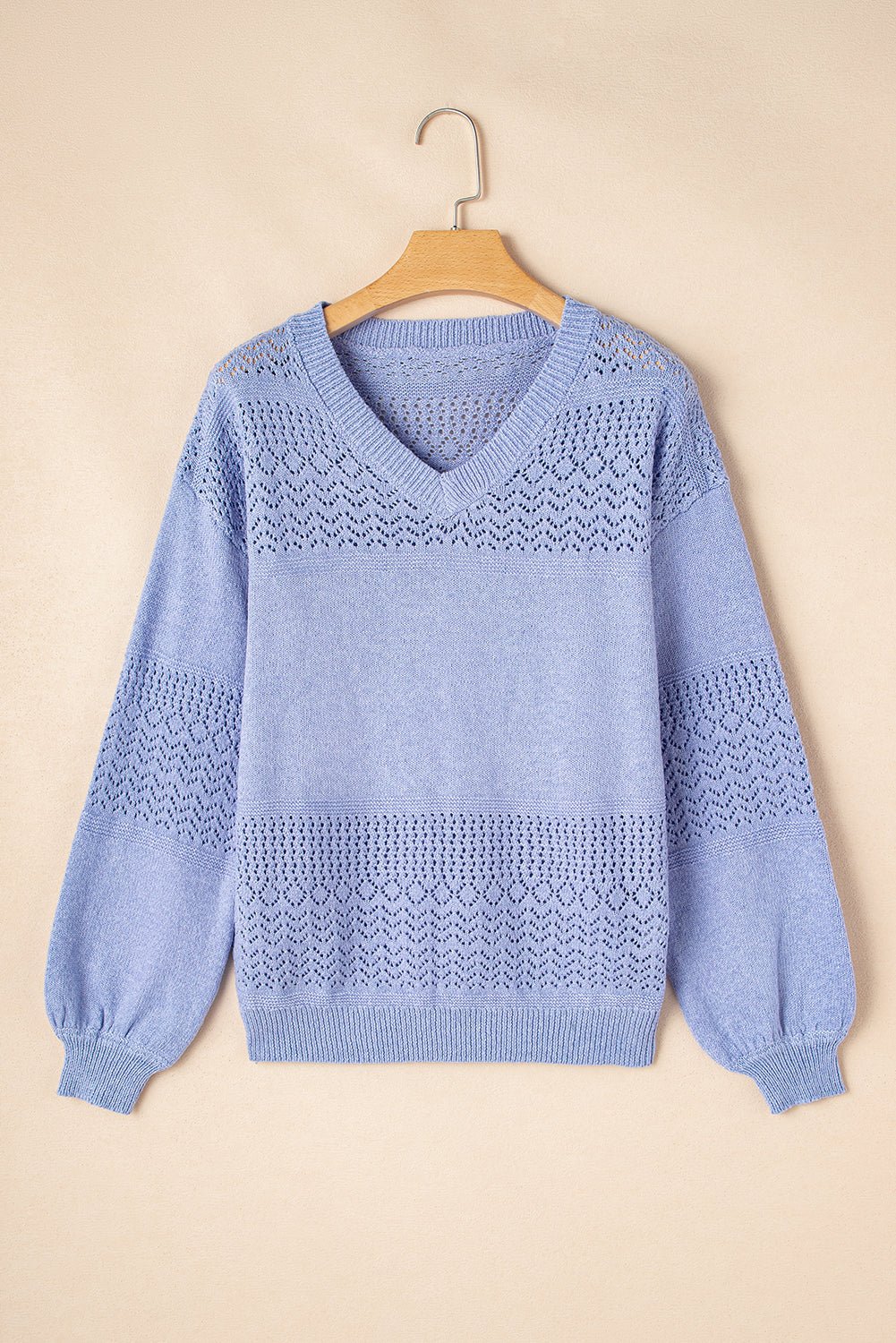 Sky Blue Hollow Long Sleeve V Neck sweater - MAD RUFFI